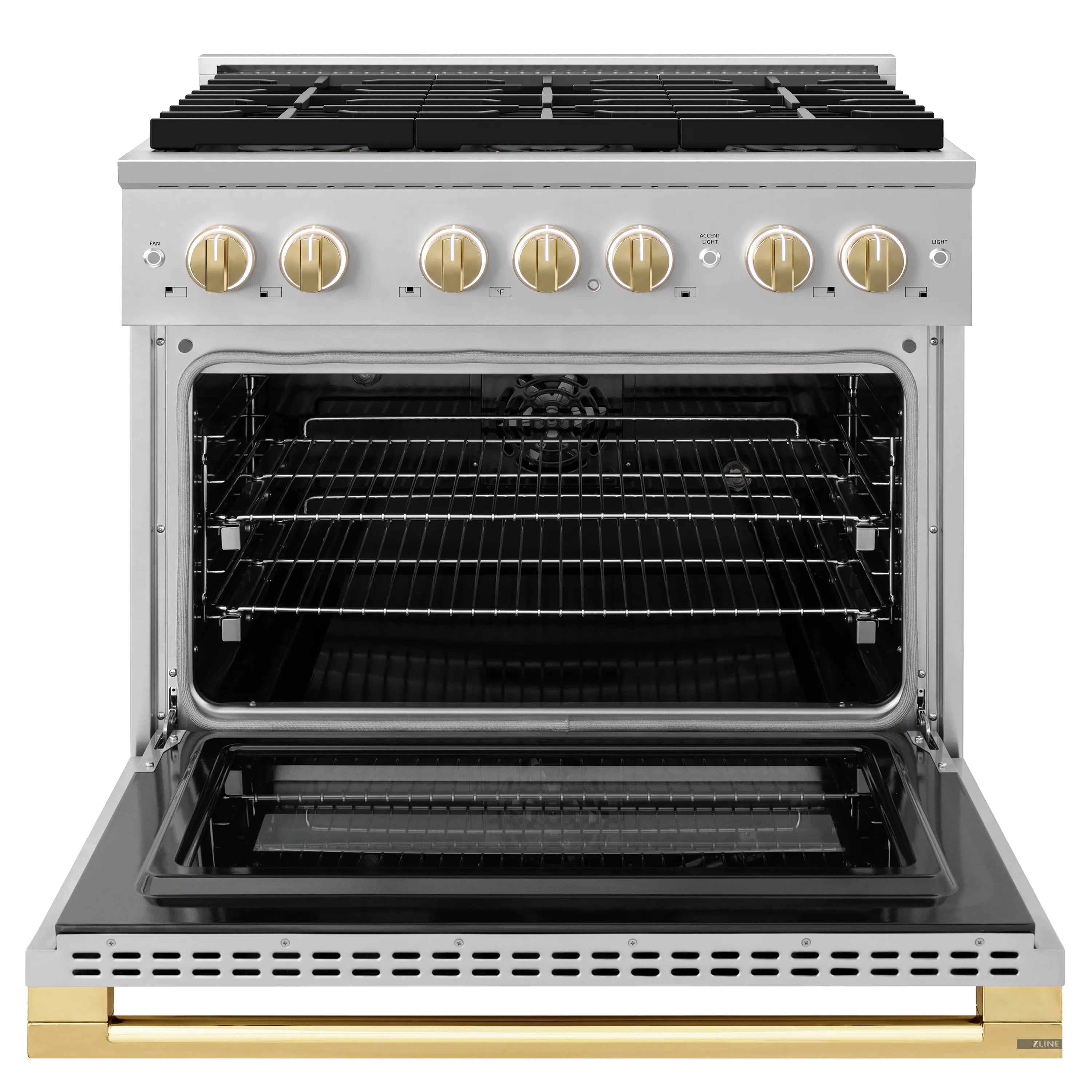 Open oven door on stainless dual fuel range with racks and black cooking chamber