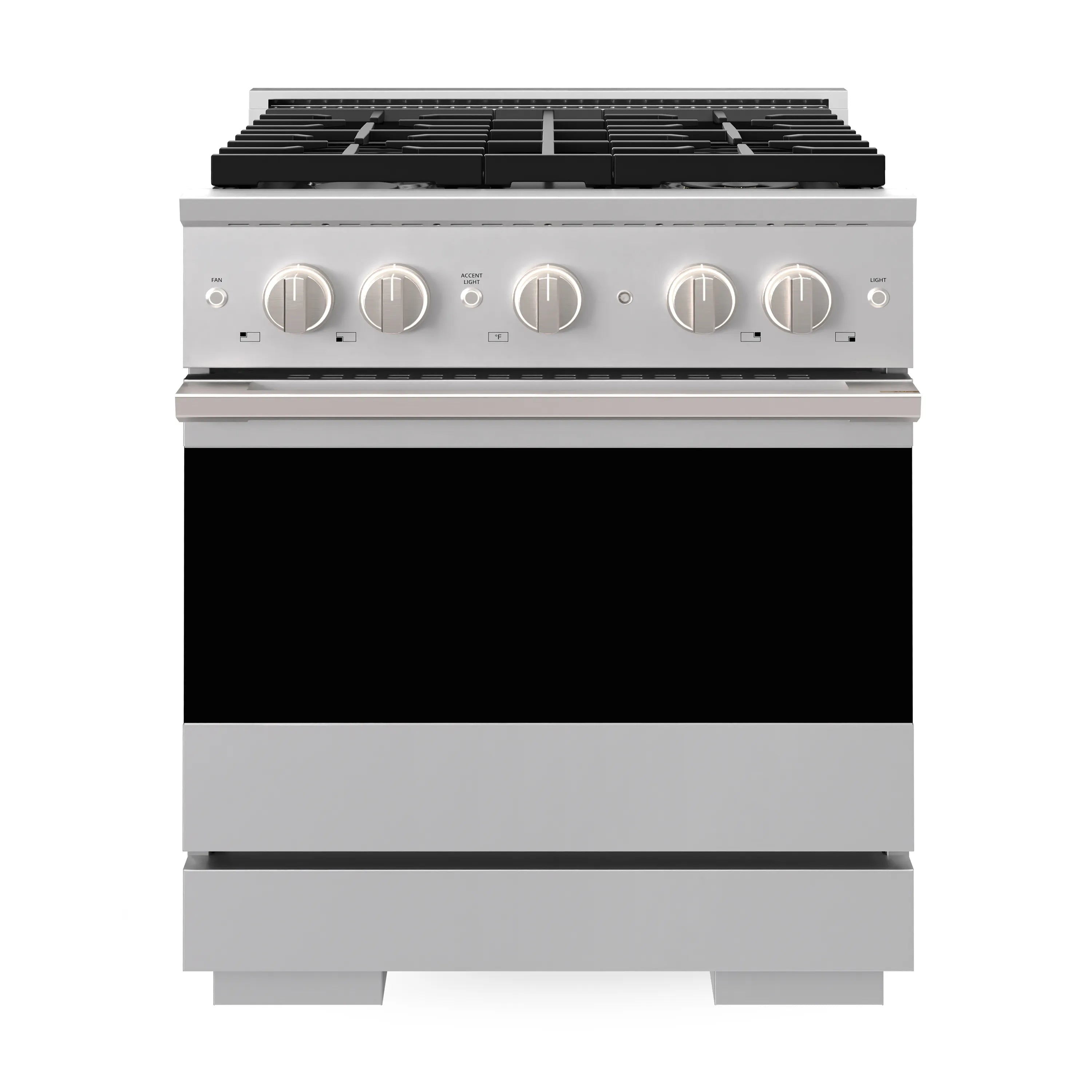 Front view of stainless steel gas range with four knobs and black burner grates