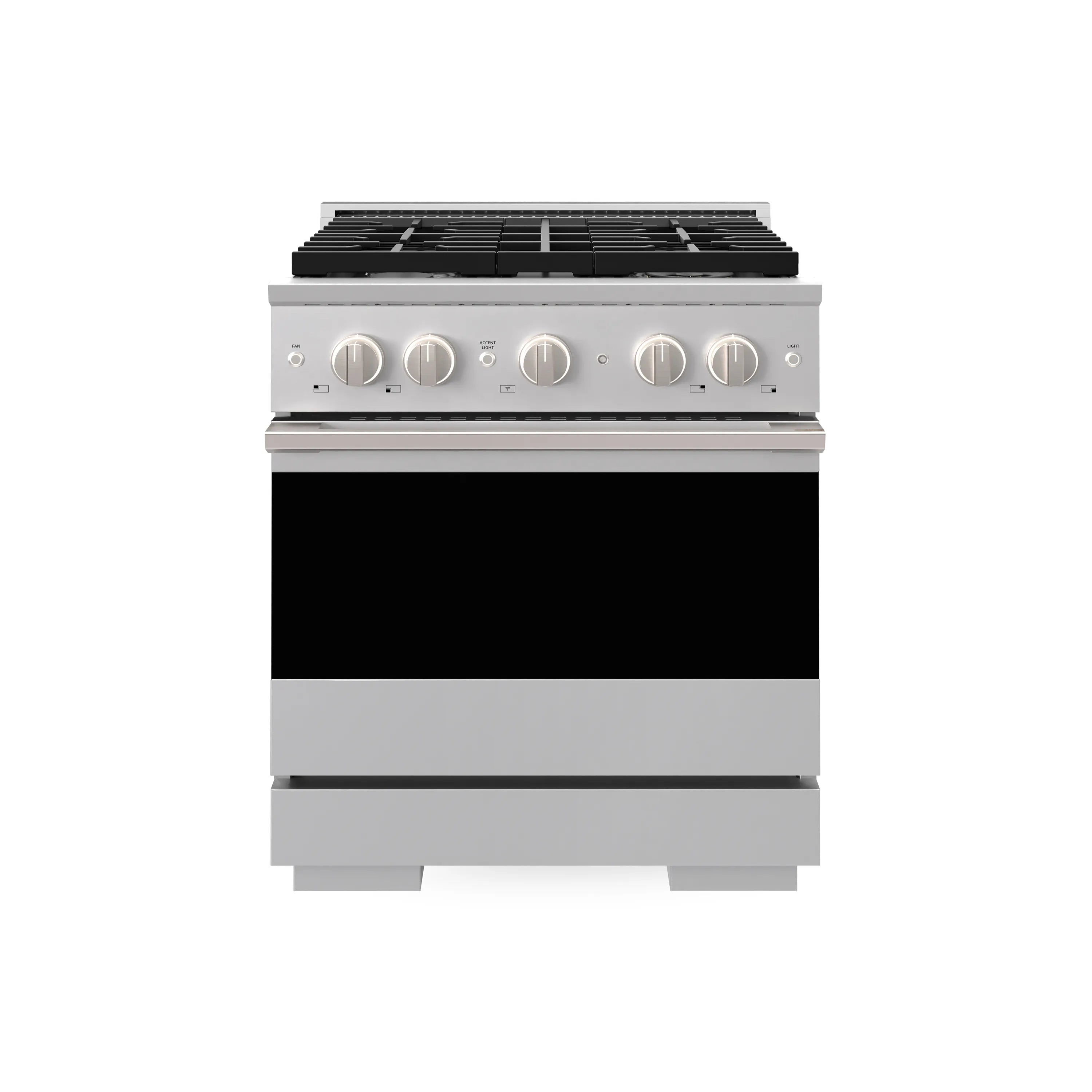 Three-quarter view of stainless steel gas range with black burner grates and knobs