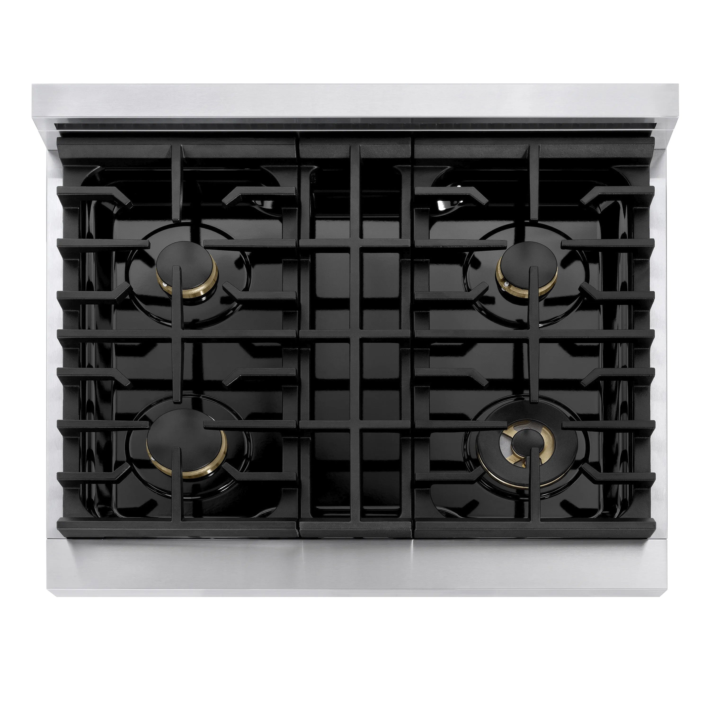 30-inch gas range cooktop with four cast burners and stainless control knobs