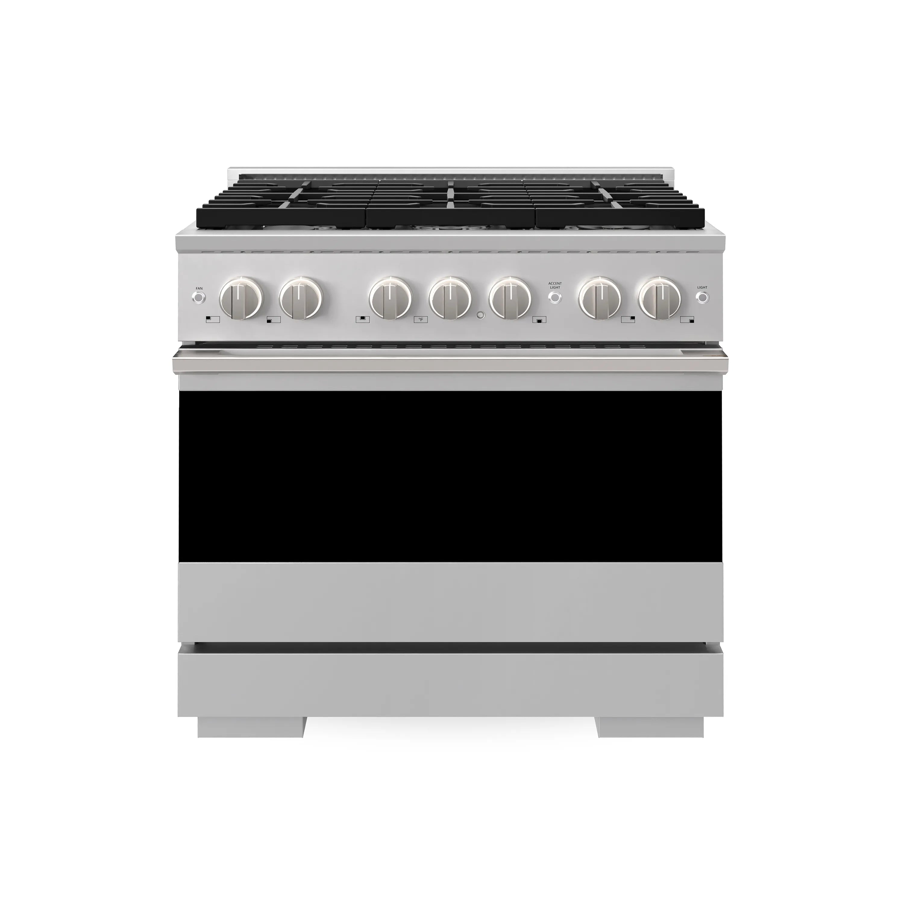 Stainless 36-inch gas range front with six brass burner knobs and black cooktop grates