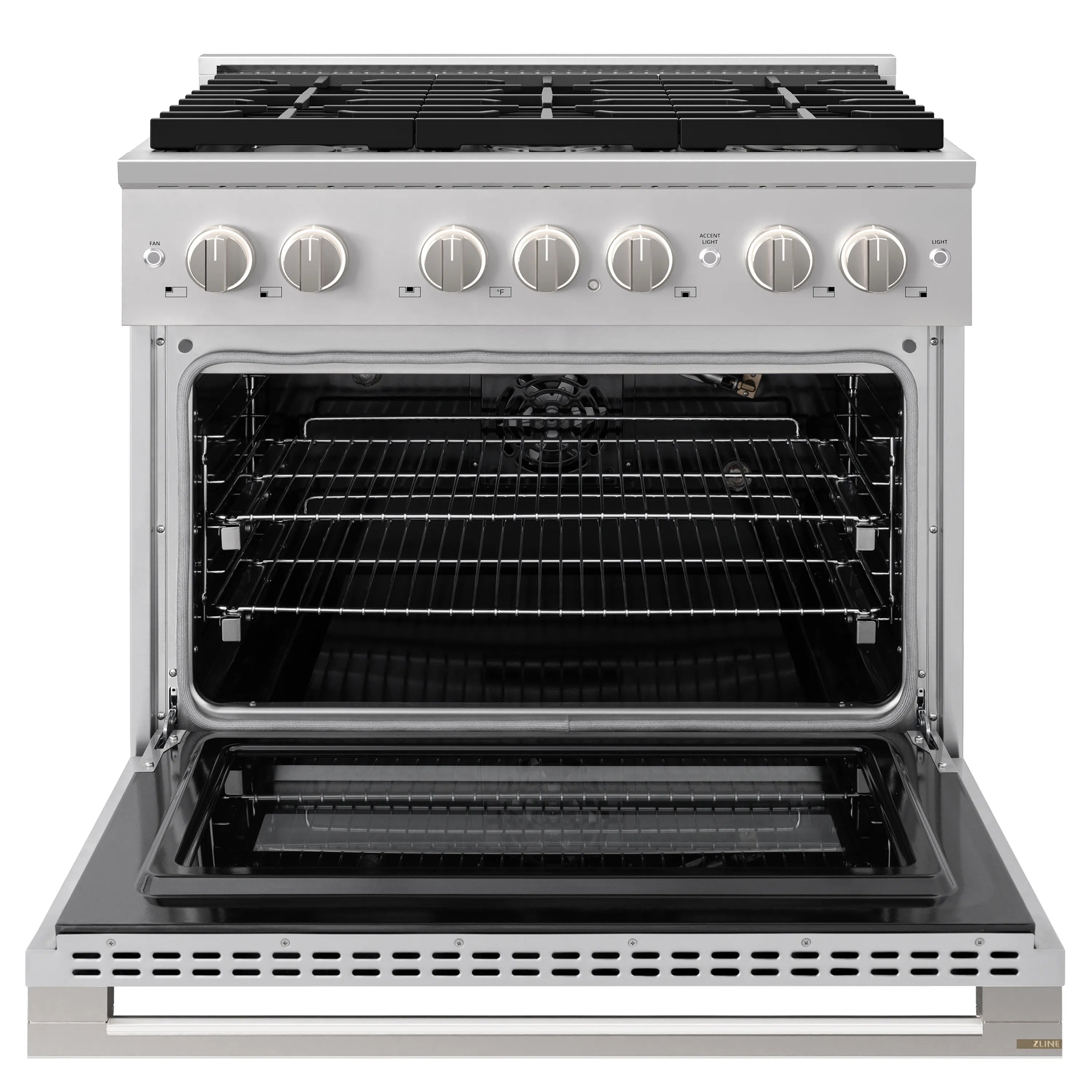 Open convection gas oven with two racks and an all-black interior