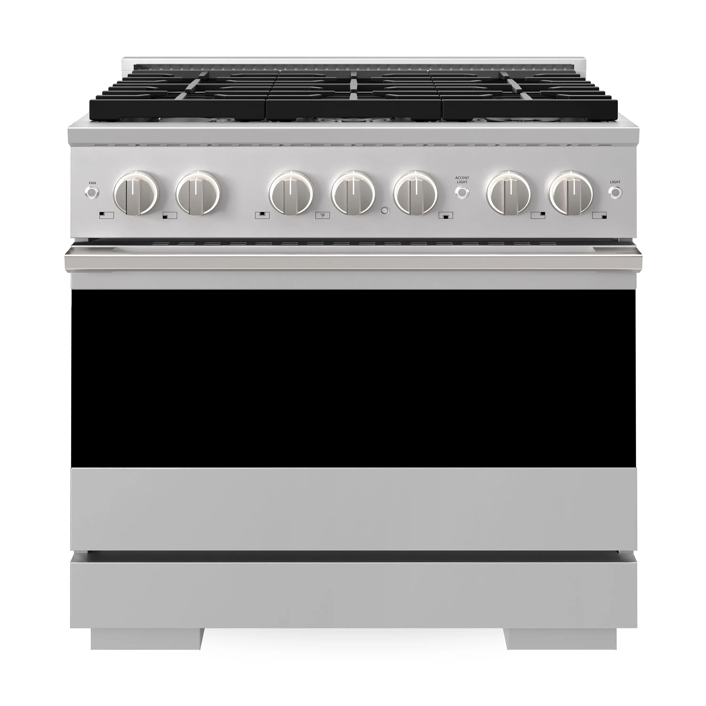 Stainless gas range front view with black oven door and silver control knobs