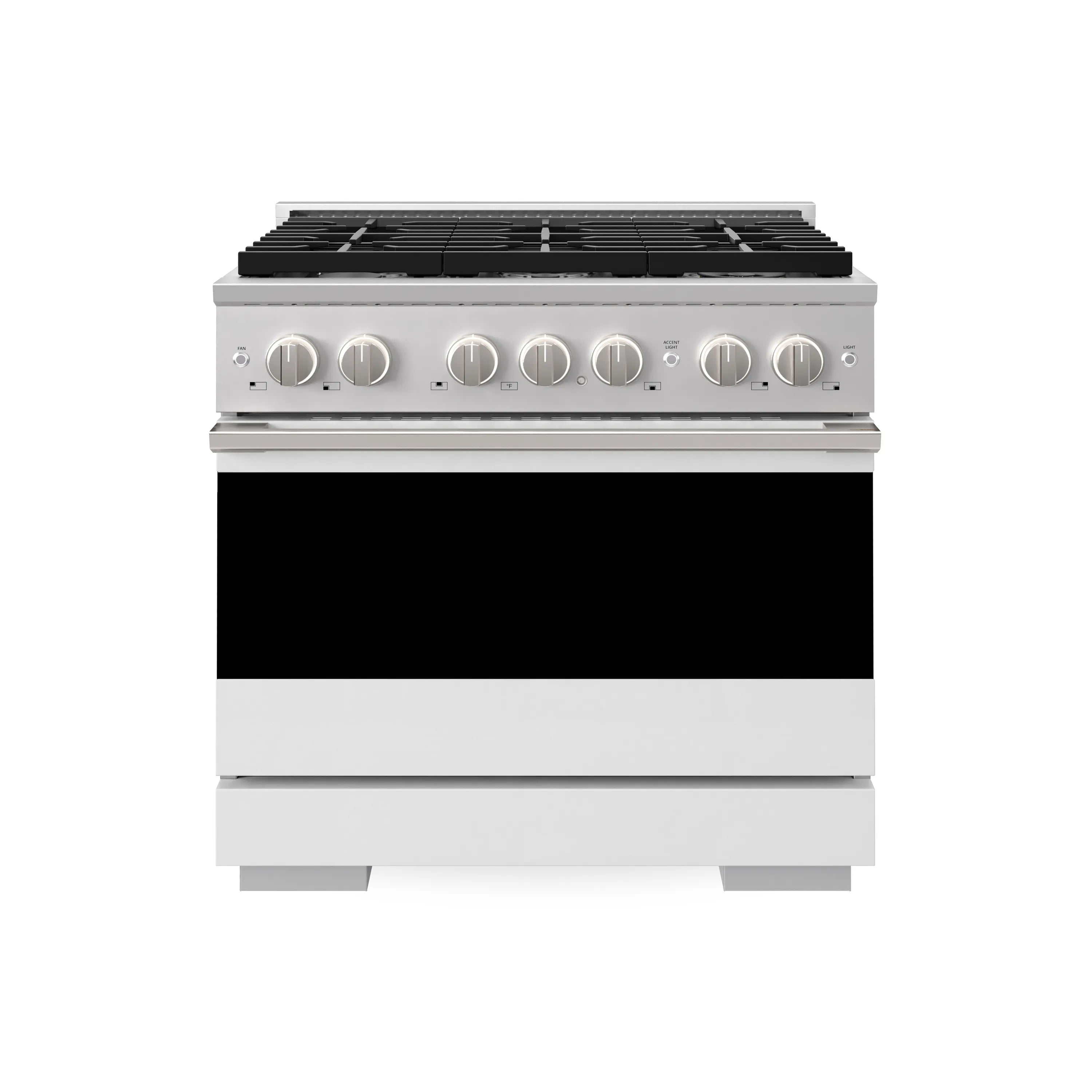 Stainless steel 36-inch gas range with 6-burner cooktop and control knobs