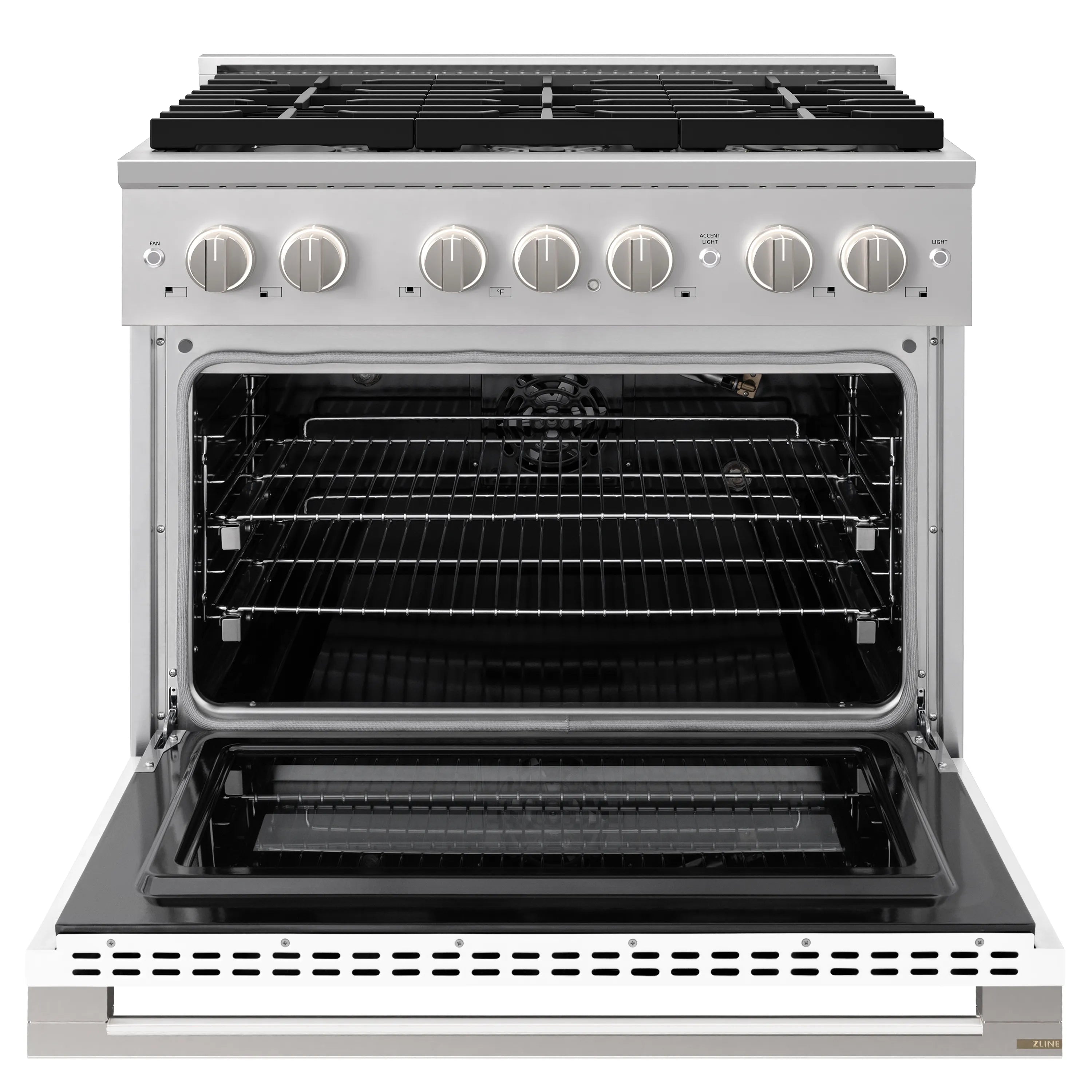 Stainless steel 36-inch gas range with black cooktop grates and open oven