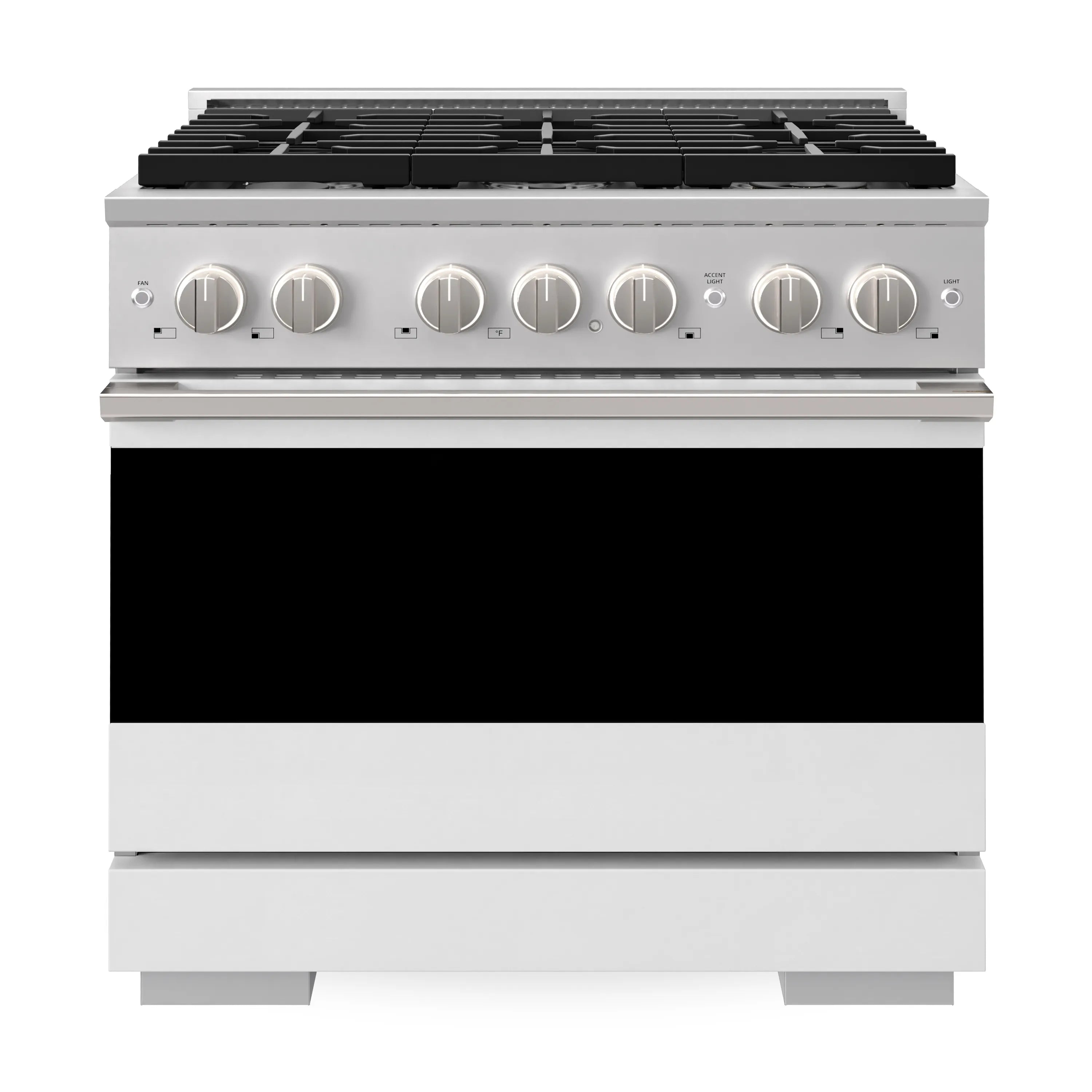 Stainless gas range with black cooktop and six front control knobs, centered view