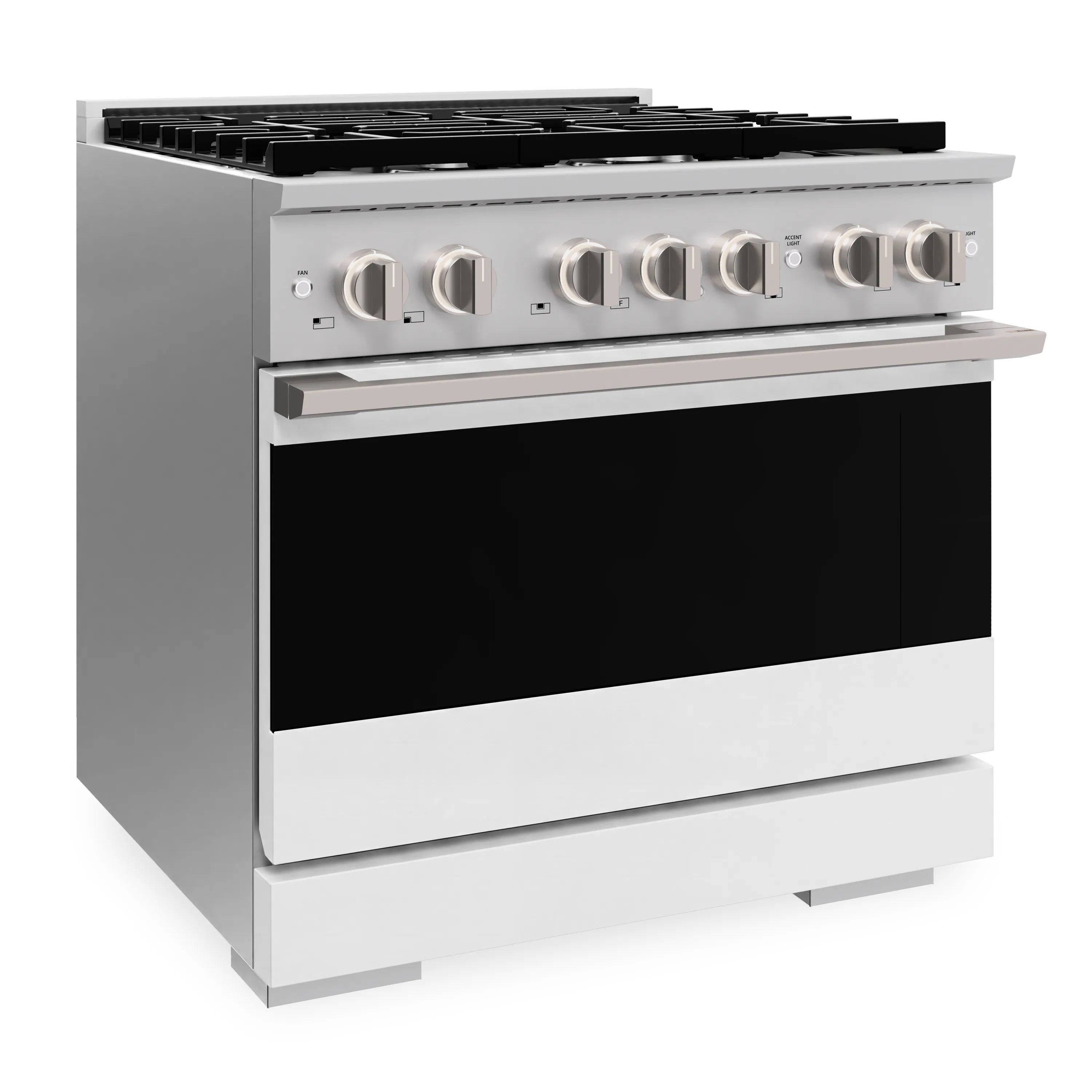 Stainless gas range with black glass door and six front control knobs, side angle