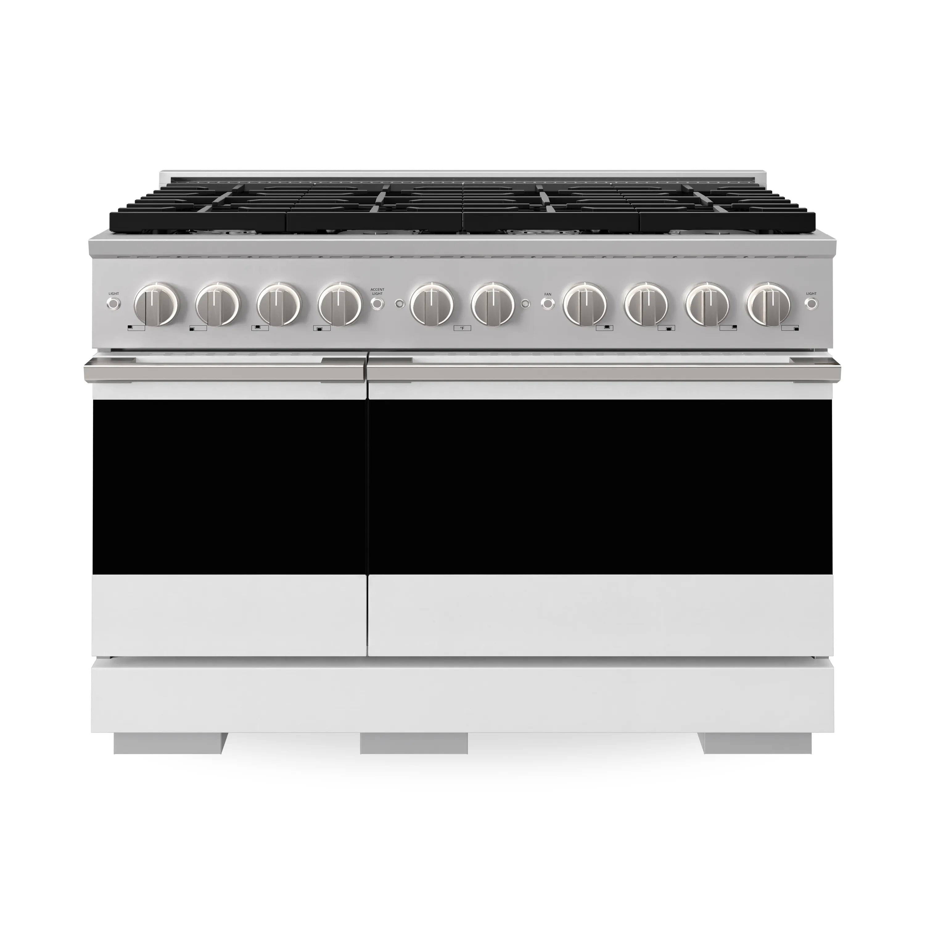 Stainless steel double-oven gas range with black cooktop and closed oven doors