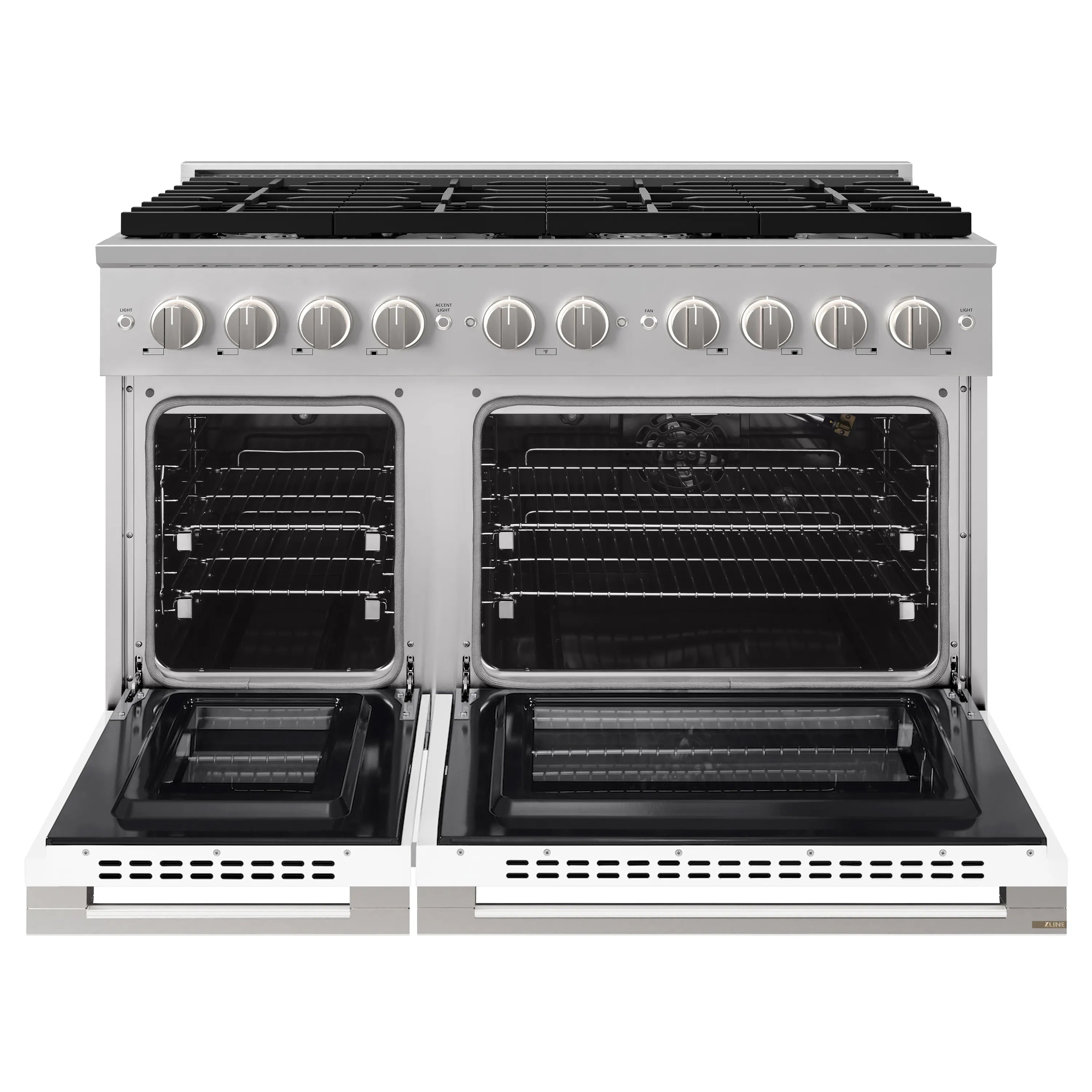 Stainless steel double-oven gas range with both oven doors open