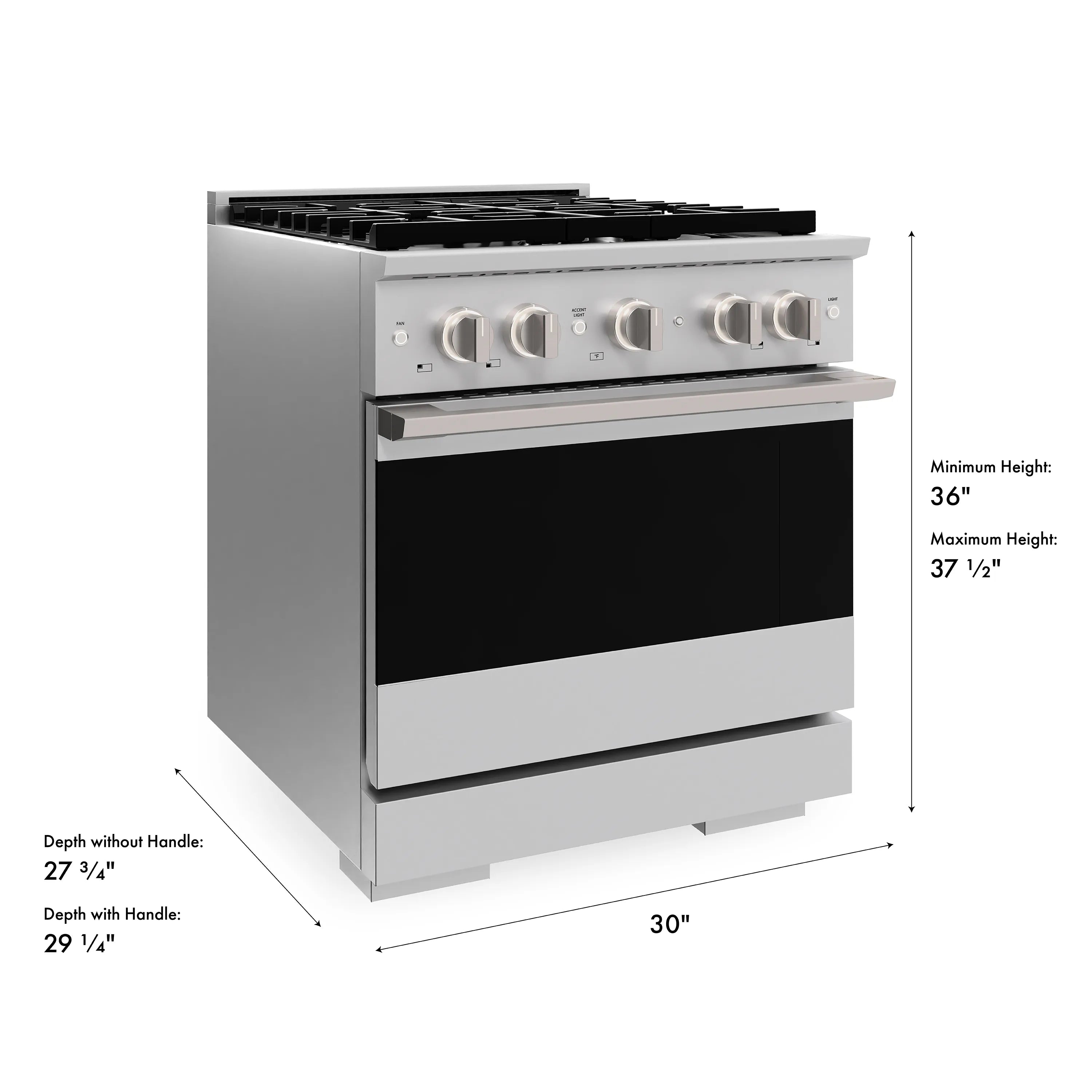 Stainless steel gas oven range with front controls and open oven door, side view