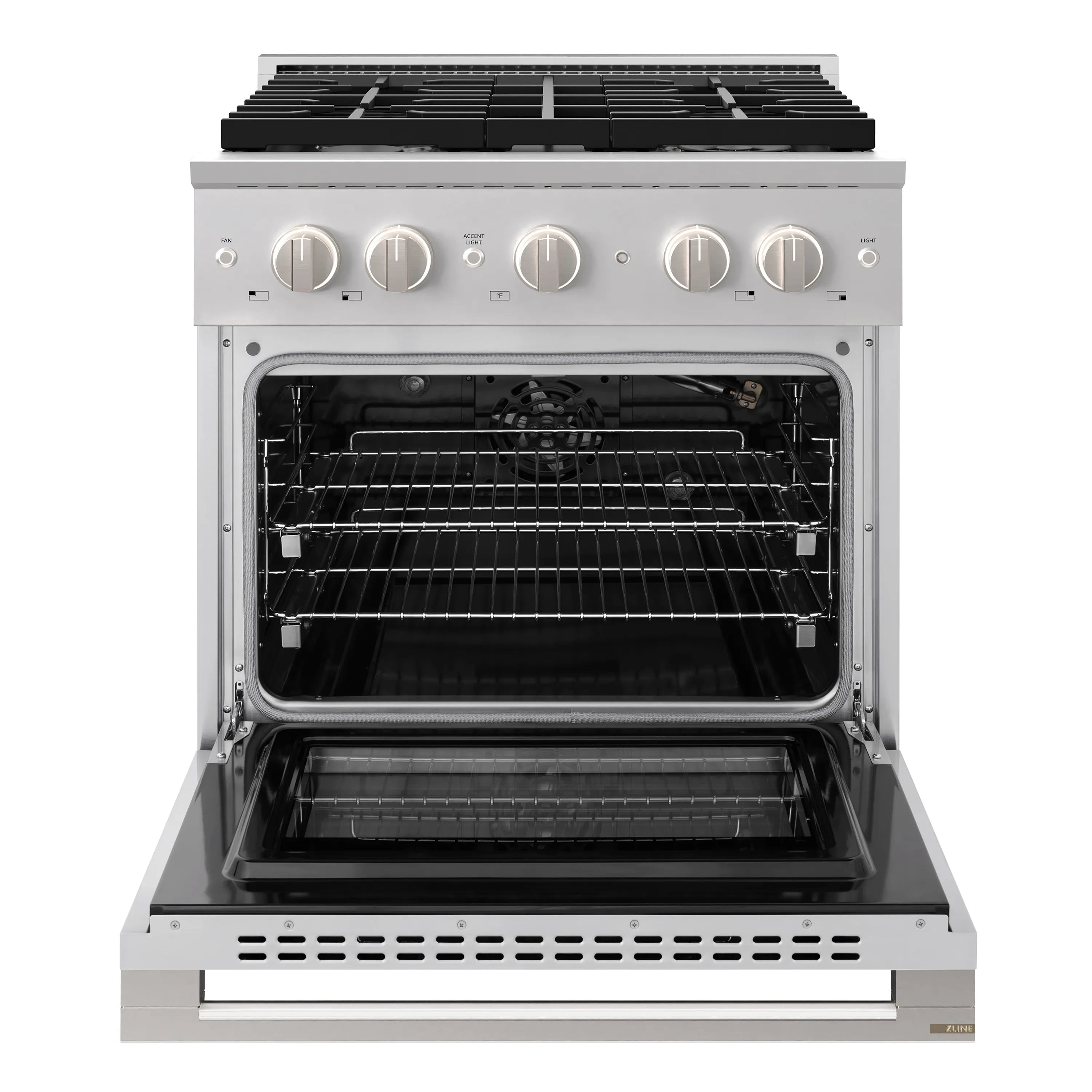Stainless steel gas range with open convection oven and black griddle-style cooktop