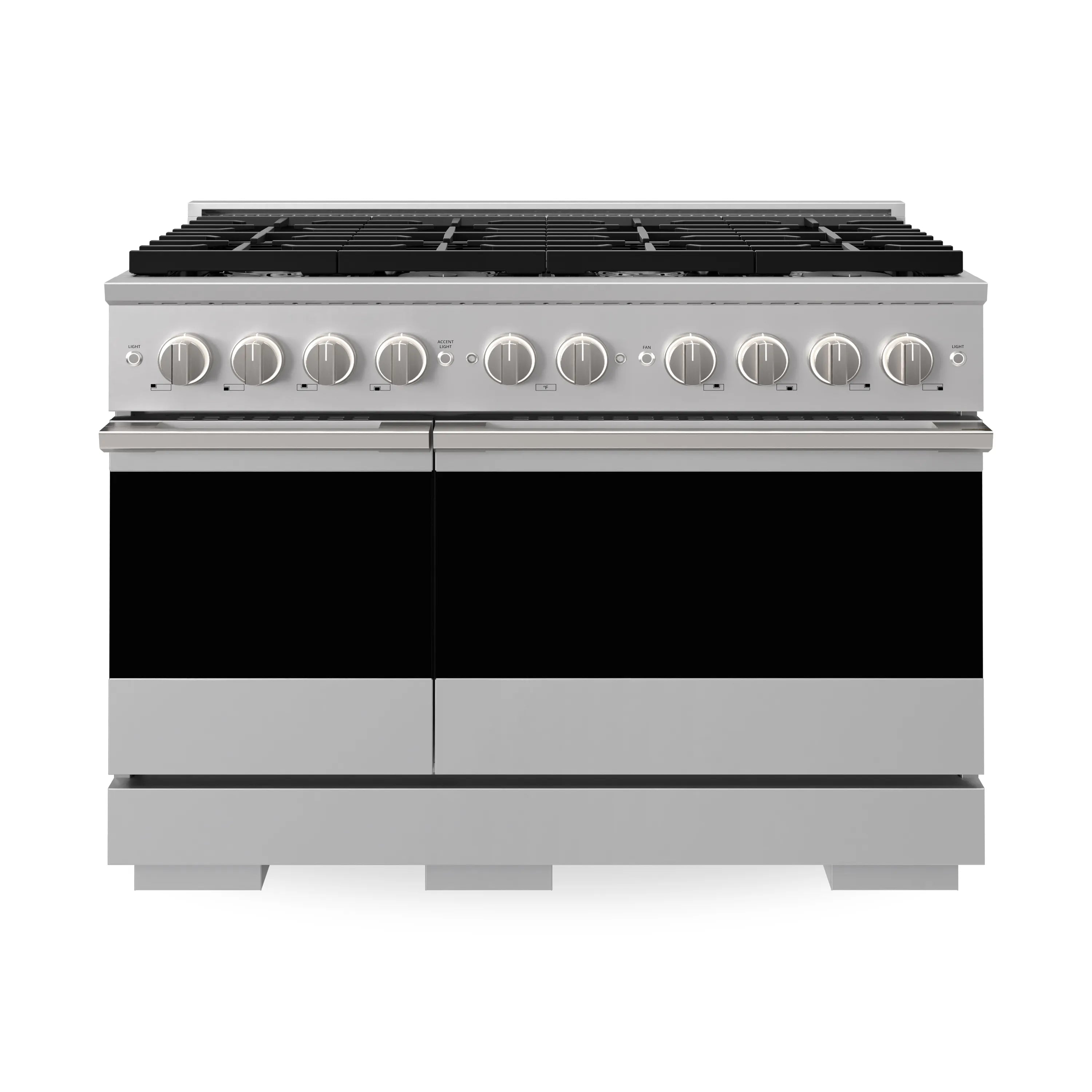 Stainless steel double oven gas range front view with black cooktop and knobs