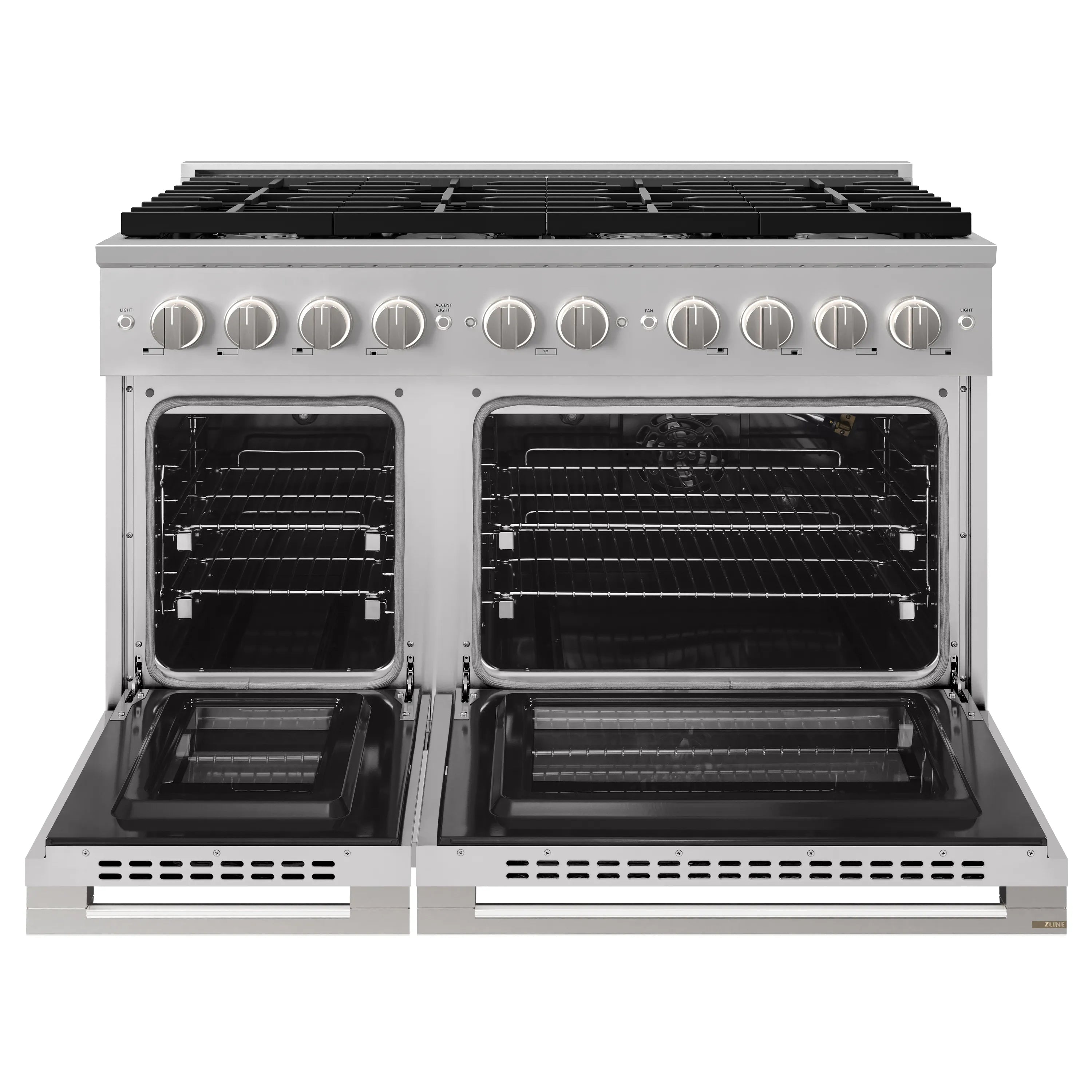 Double oven gas range with both oven doors open, stainless control panel