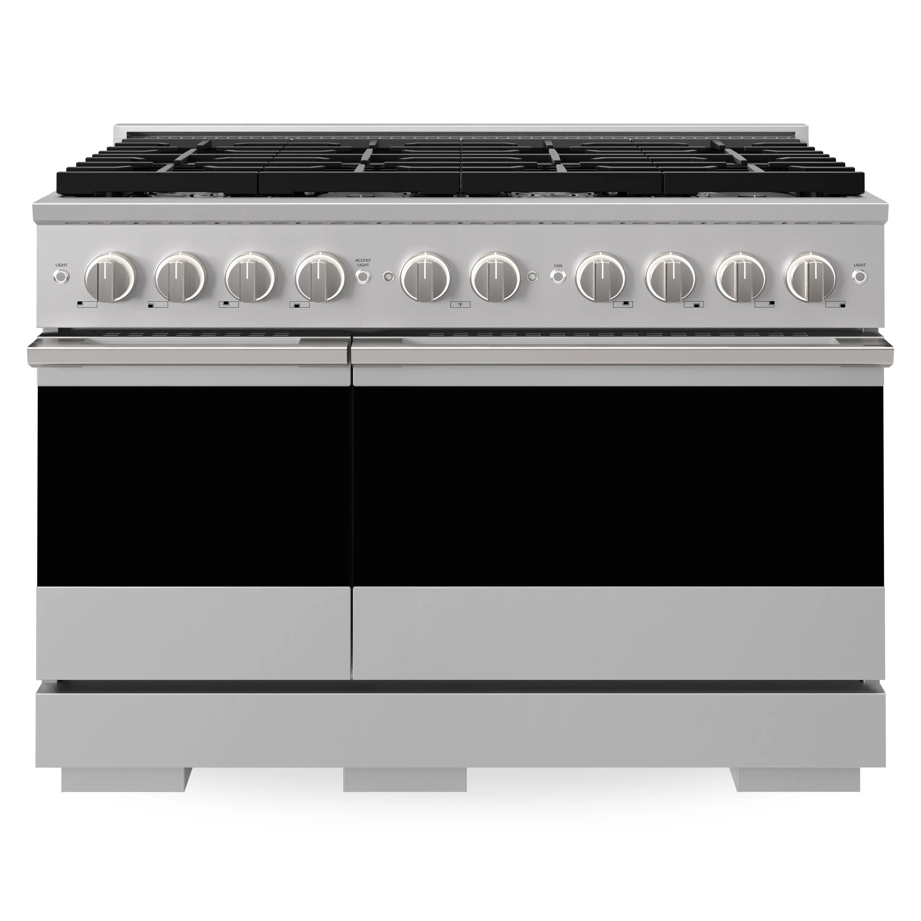 Stainless double oven gas range front view with burner grates and control knobs