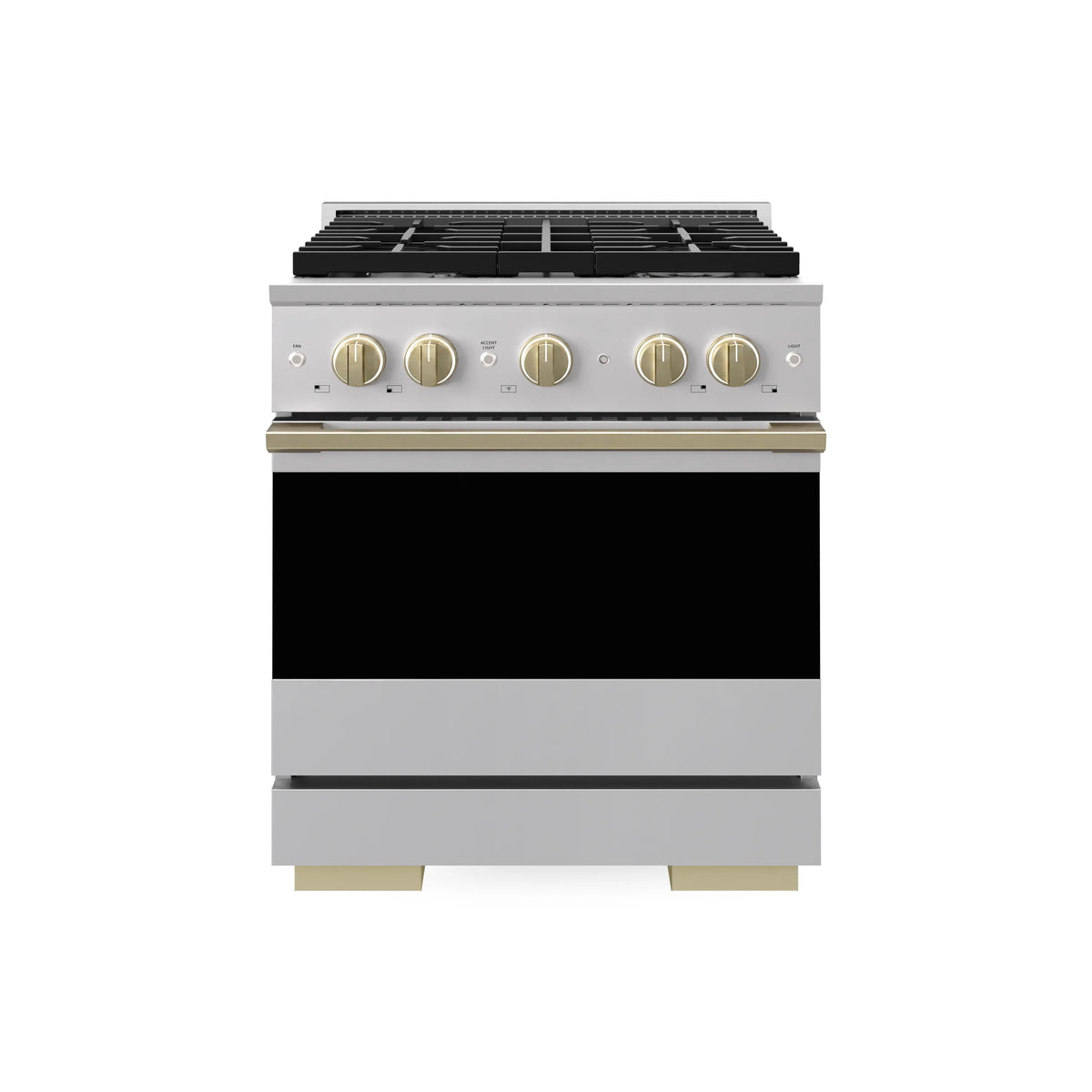 Stainless gas range with champagne bronze knobs and black oven door