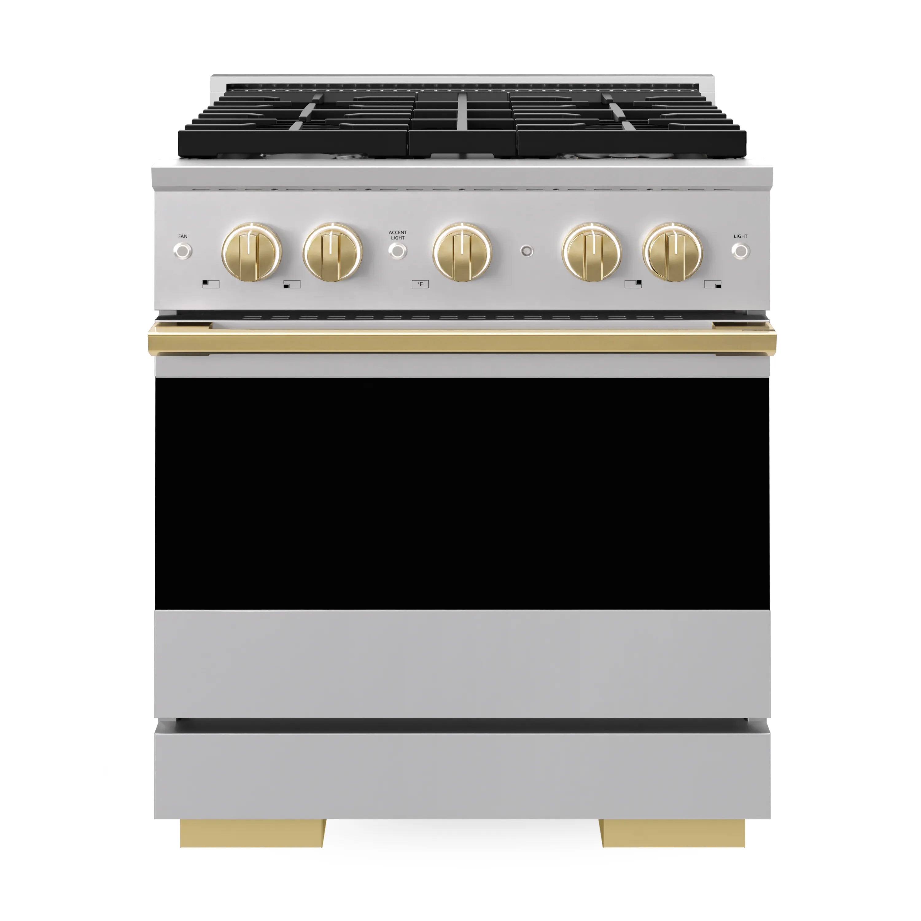 Stainless gas range with four-burner cooktop, black oven door, and polished gold trim