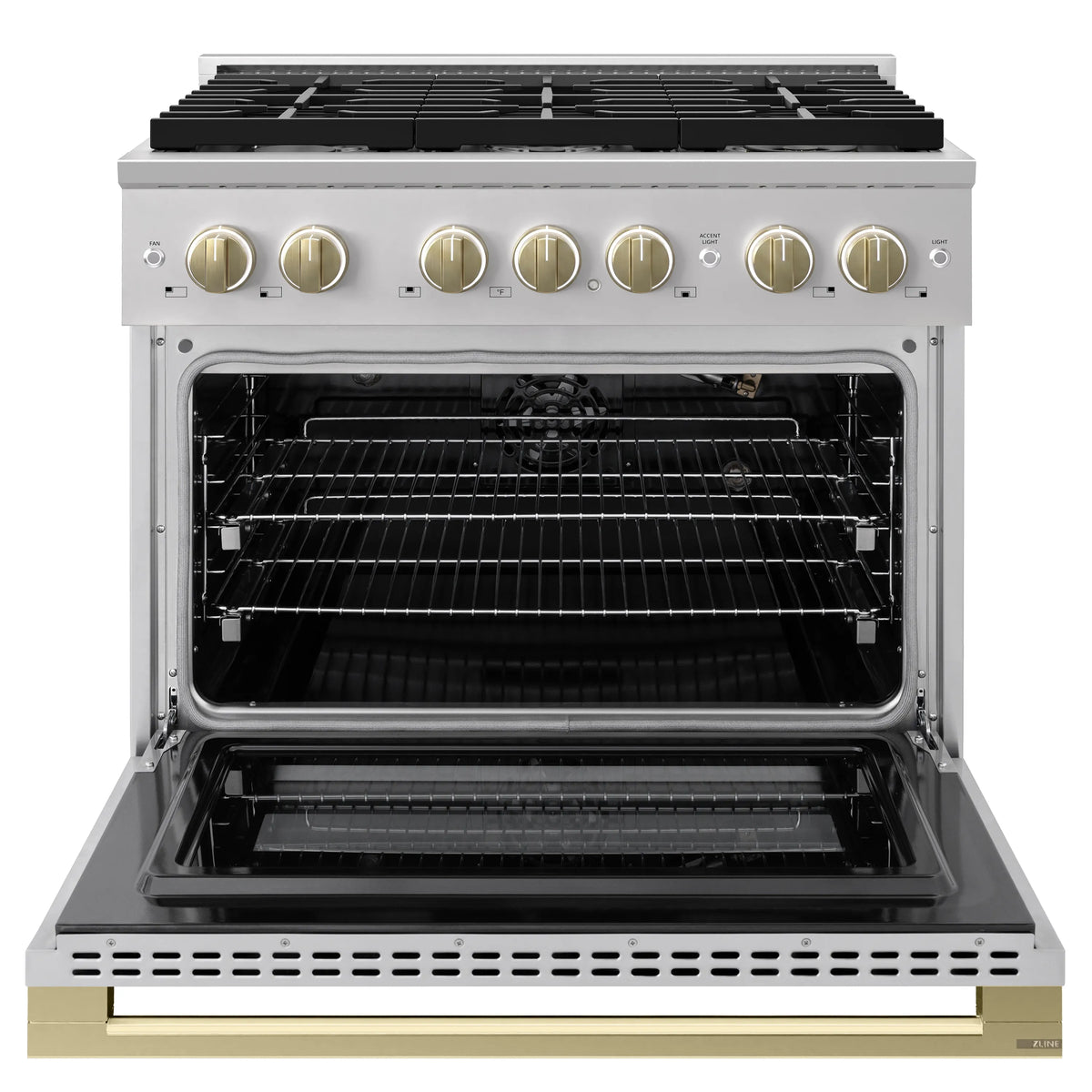 Stainless gas range with open convection oven and 6-burner cooktop, bronze knobs