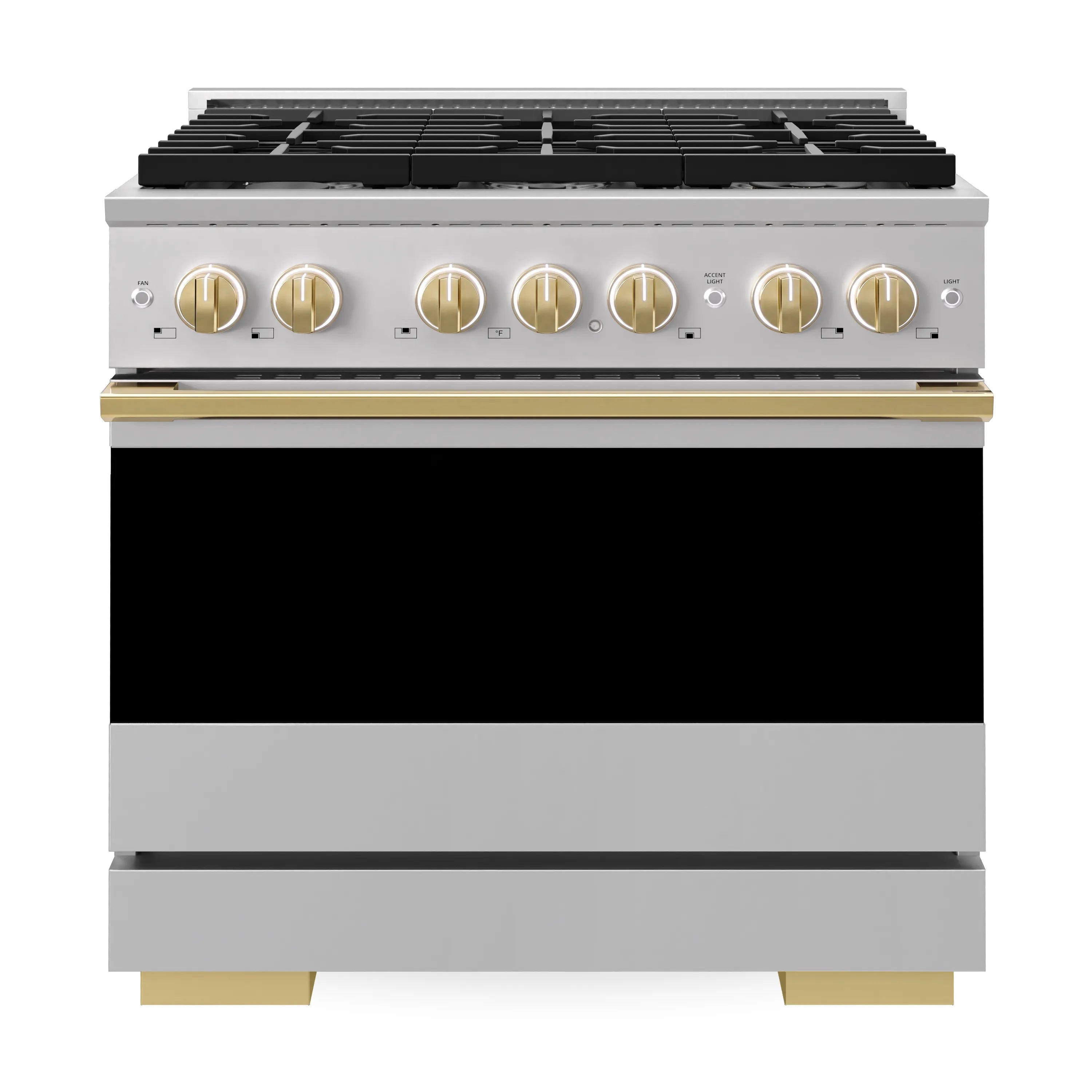 Stainless gas range with black cooktop, gold knobs, and lower oven door
