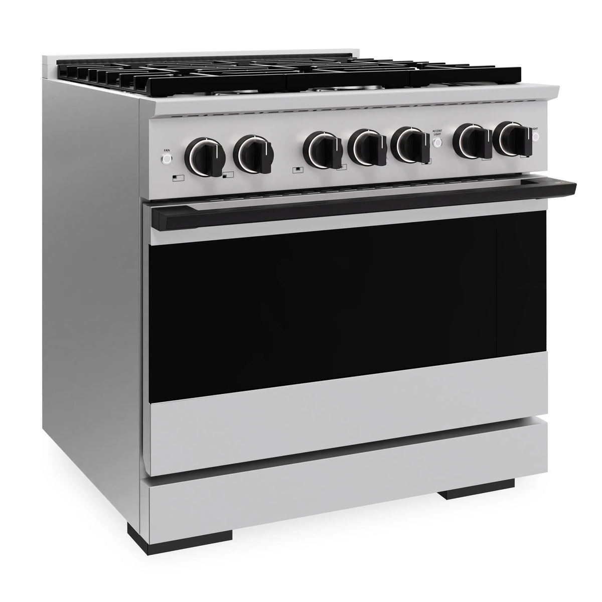 Stainless gas range with matte black oven door and front control knobs, side angle