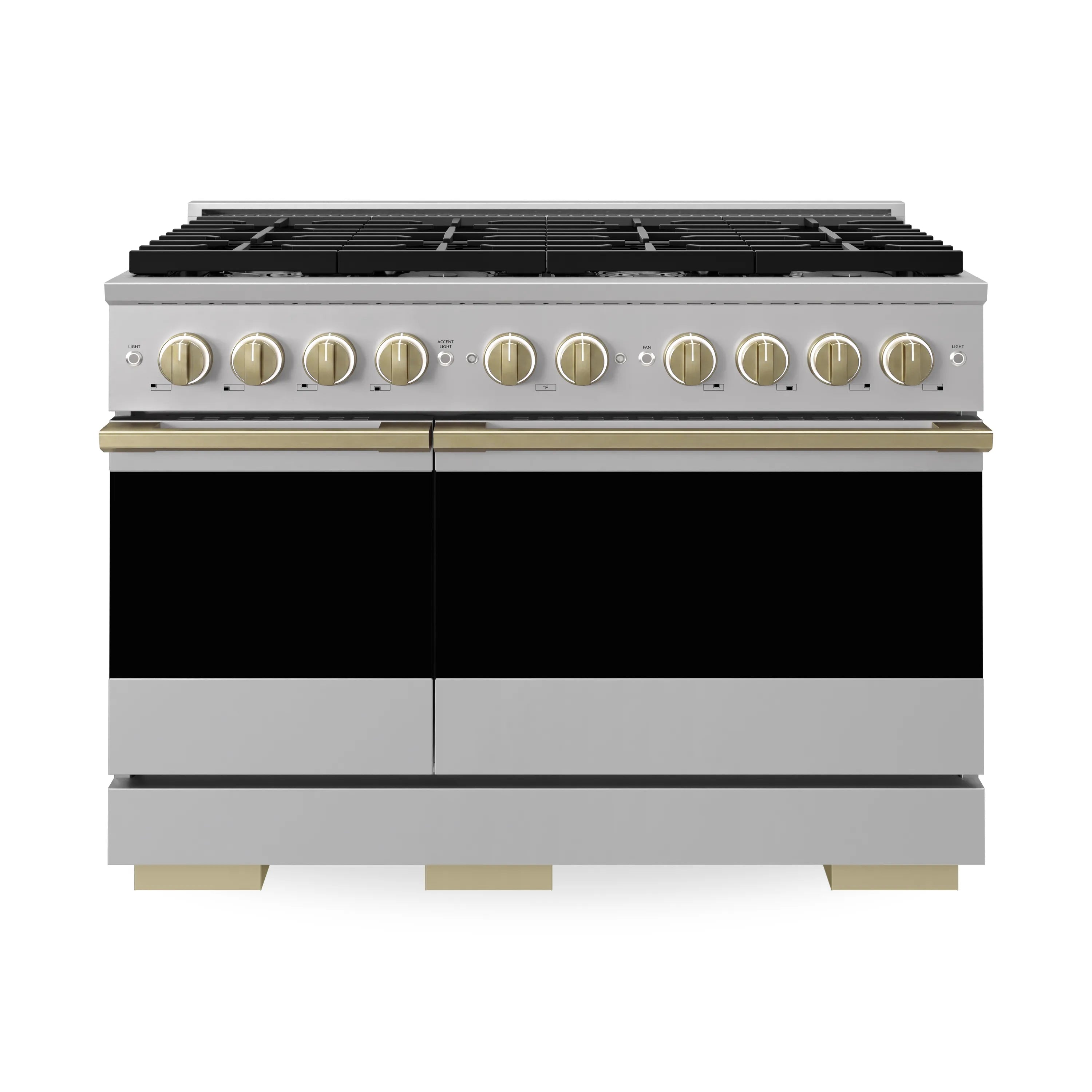 Stainless double oven gas range front with champagne bronze knobs and black grates