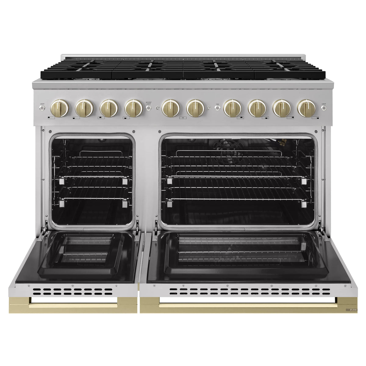 Stainless double oven gas range with multiple control knobs and black grates