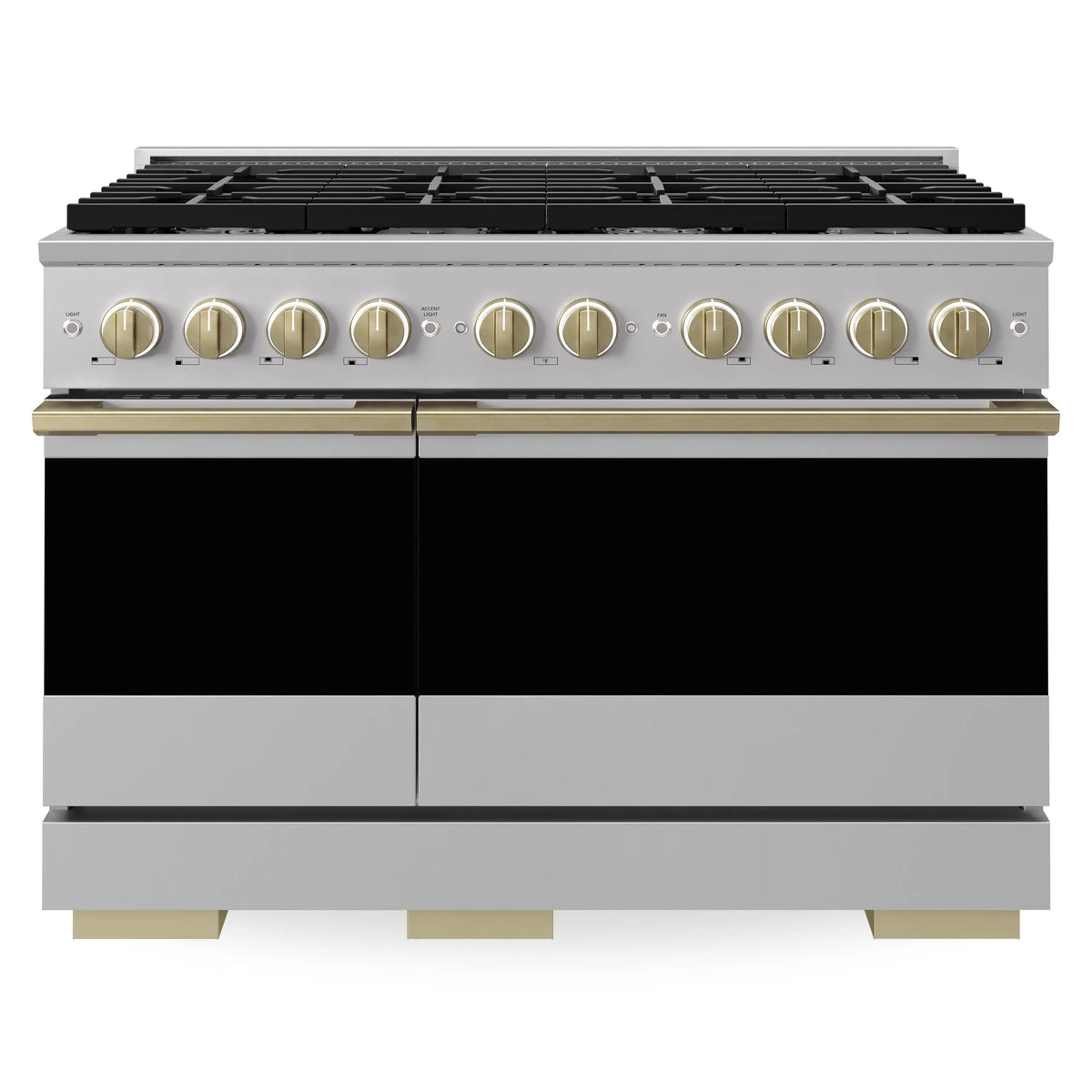 Stainless double oven gas range front view with champagne bronze knobs and black grates