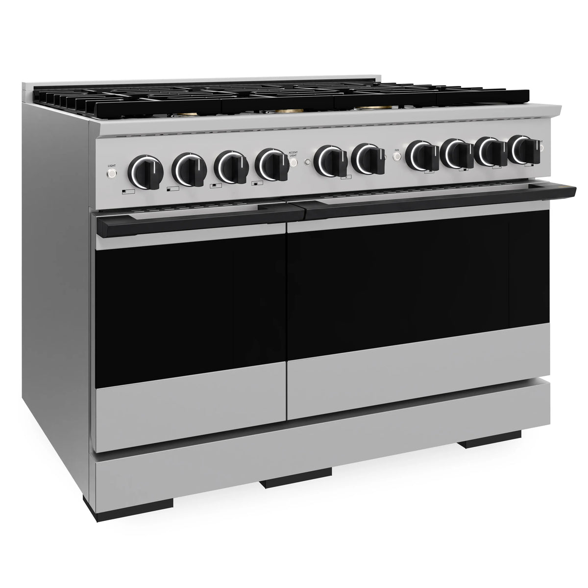 Stainless and matte black double oven gas range with control knobs and burner grates