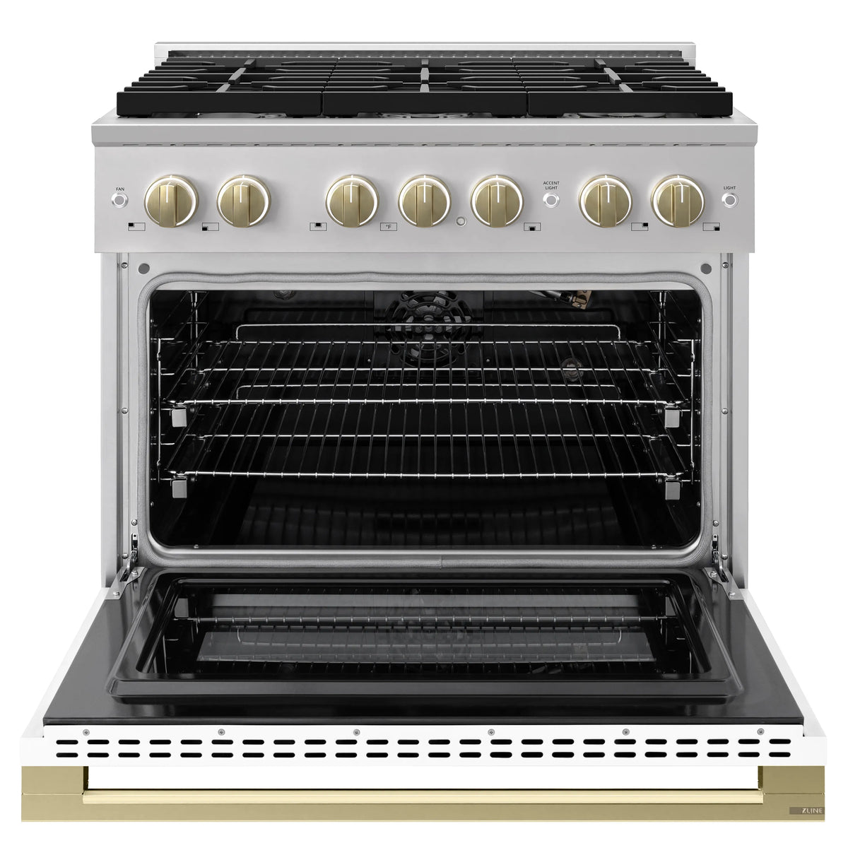 Stainless gas range with open convection oven and racks visible