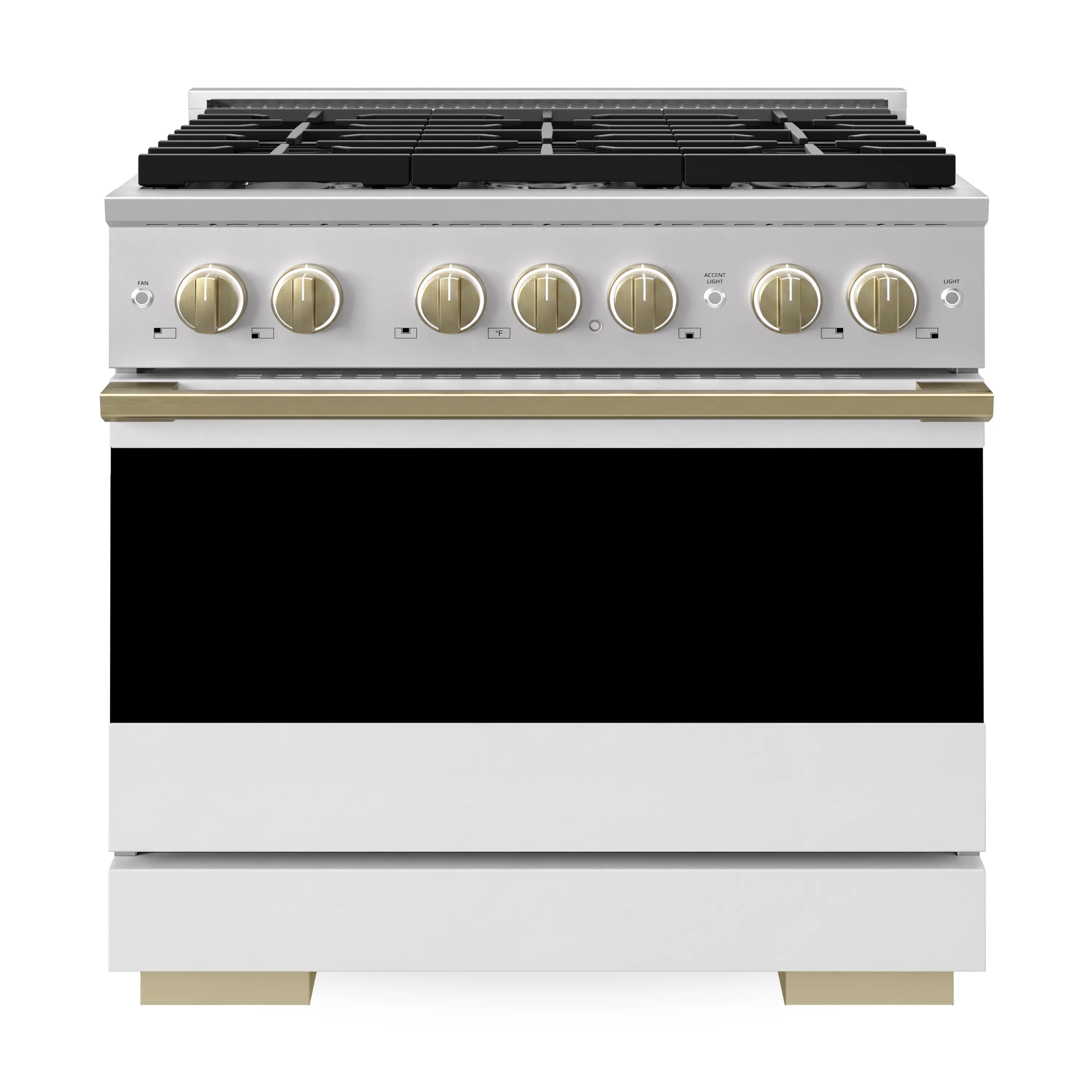 Stainless gas range front view with black cooktop grates and bronze control knobs