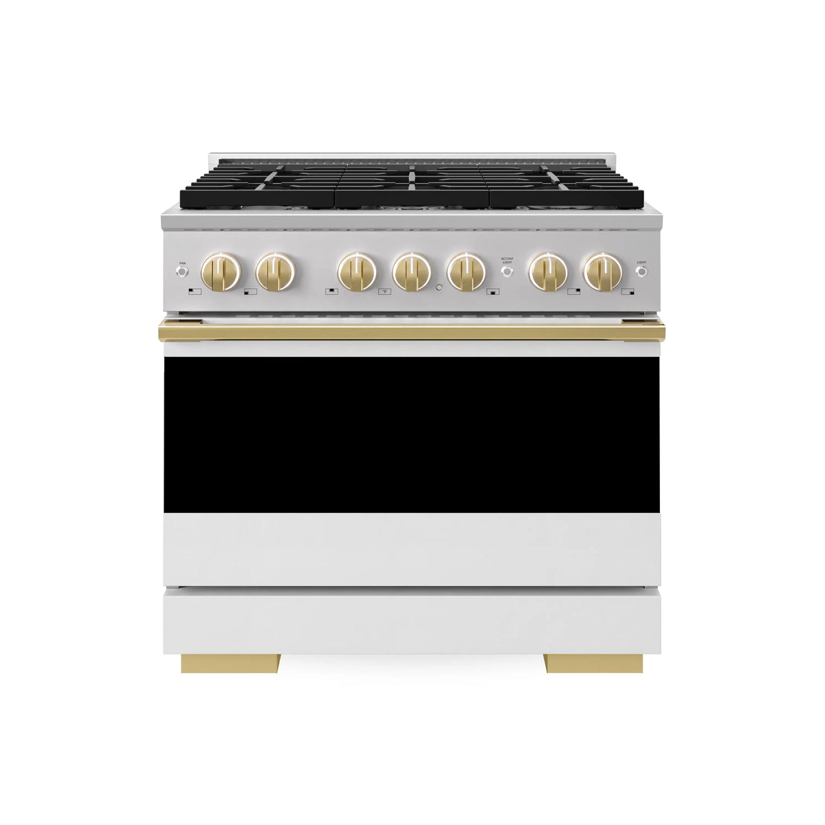 Front view of stainless gas range with matte white door and polished gold controls