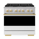 ZLINE Autograph Edition 36-Inch 5.2 Cu. Ft. Marino Gas Range with 6 Burner Cooktop and Convection Gas Oven in Stainless Steel with White Matte Door and Polished Gold Accents (MGRZ-WM-36-G)