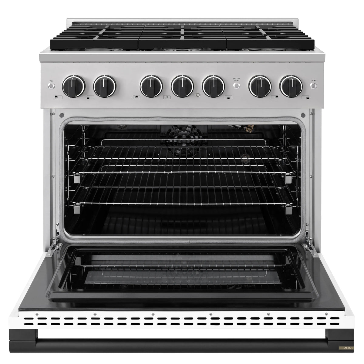 Gas oven with open door and black racks, stainless frame and front control knobs