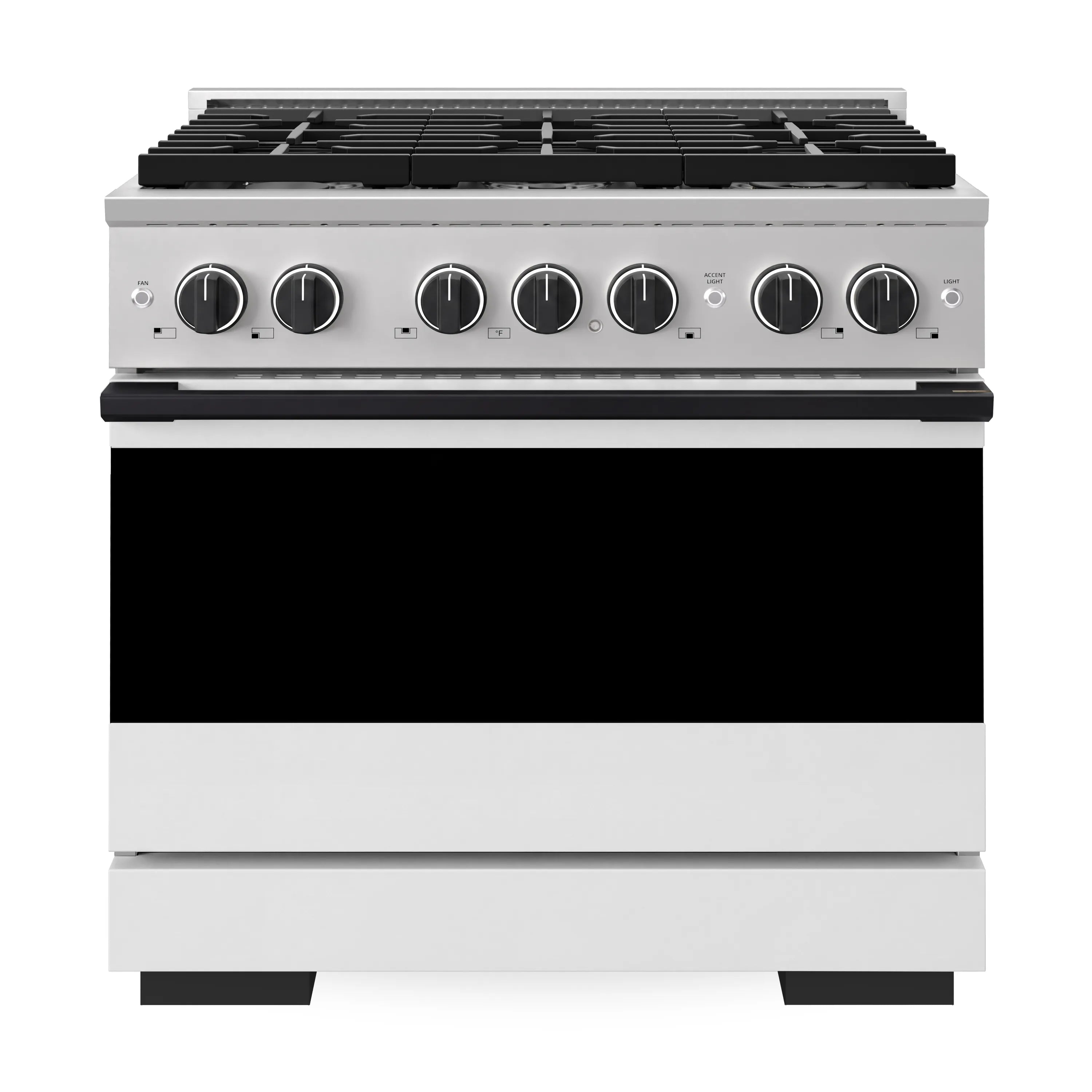 Stainless gas range front view with black cooktop grates and white matte oven door