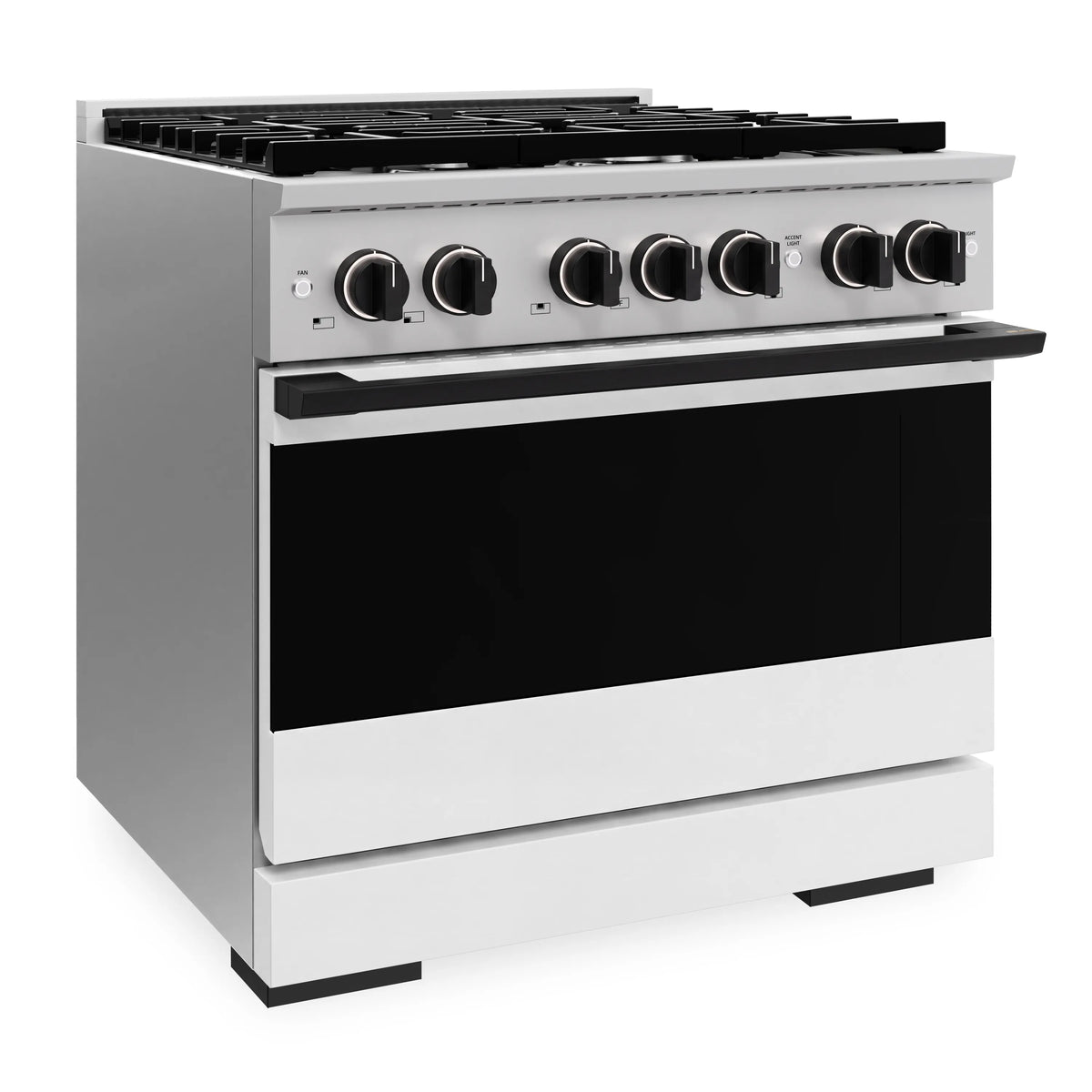 Gas range front with stainless side, white matte oven door, and control knobs