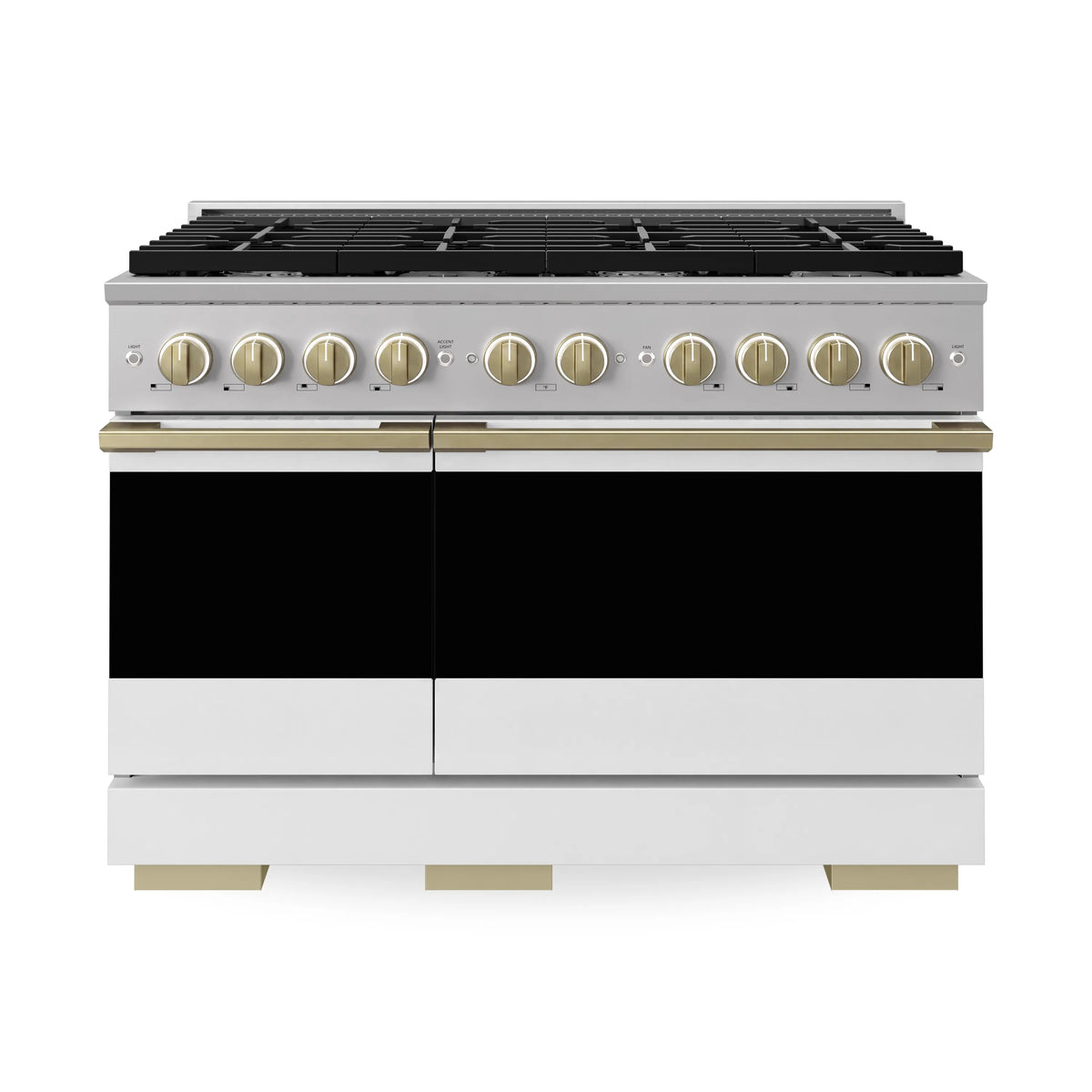 Gas range front with white matte doors and row of bronze control knobs