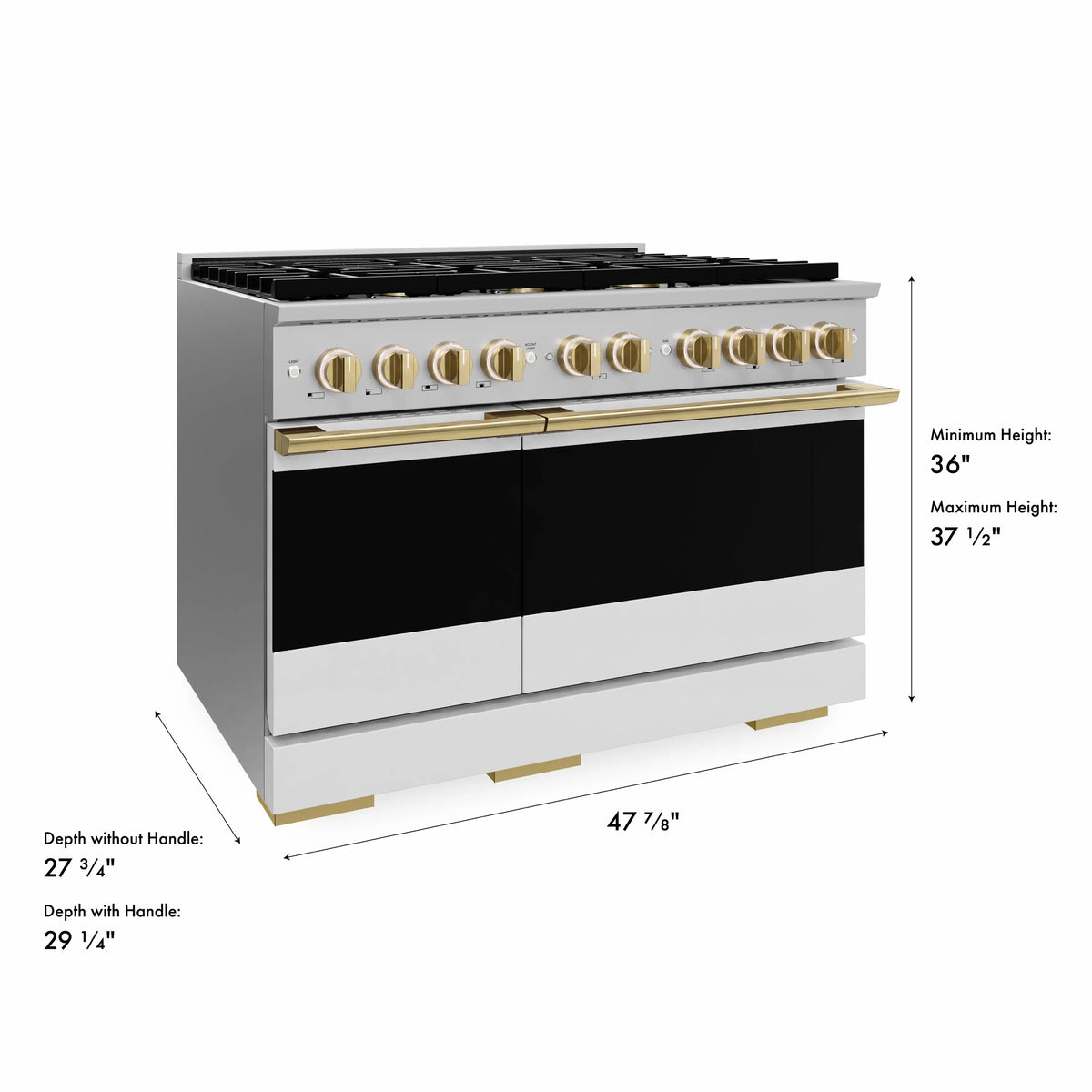 Stainless steel gas double oven range with gold handle accents, shown with size measurements