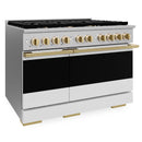 ZLINE Autograph Edition 48-Inch 6.7 Cu. Ft. Marino Double Oven Gas Range with 8 Burner Cooktop in Stainless Steel with White Matte Doors and Polished Gold Accents (MGRZ-WM-48-G)