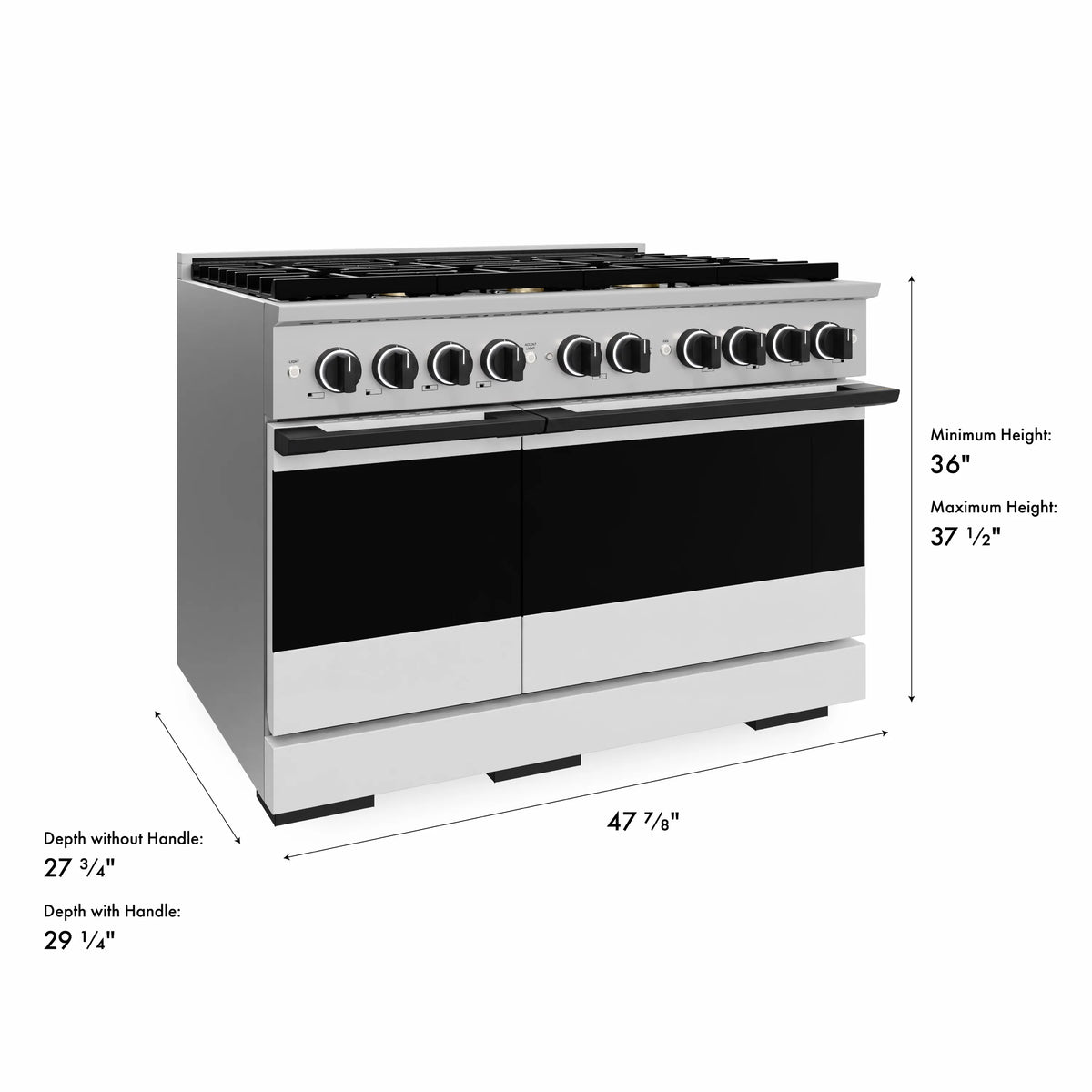 Double oven gas range with stainless exterior, black control knobs, and two dark doors