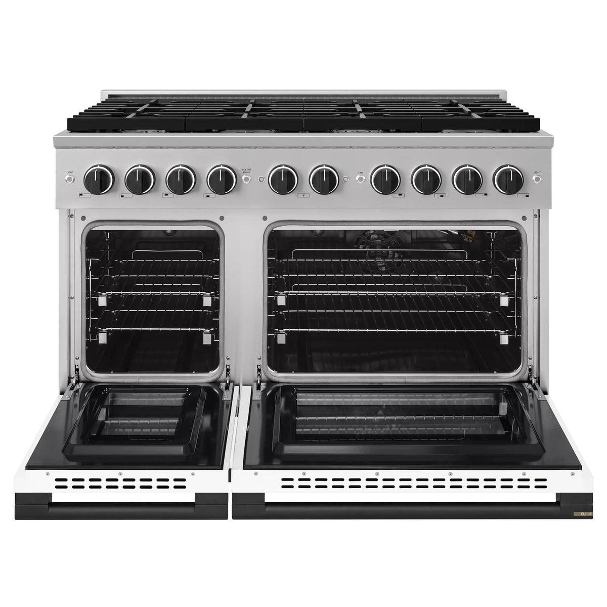 Double oven gas range with stainless front, black grates, and two open oven doors