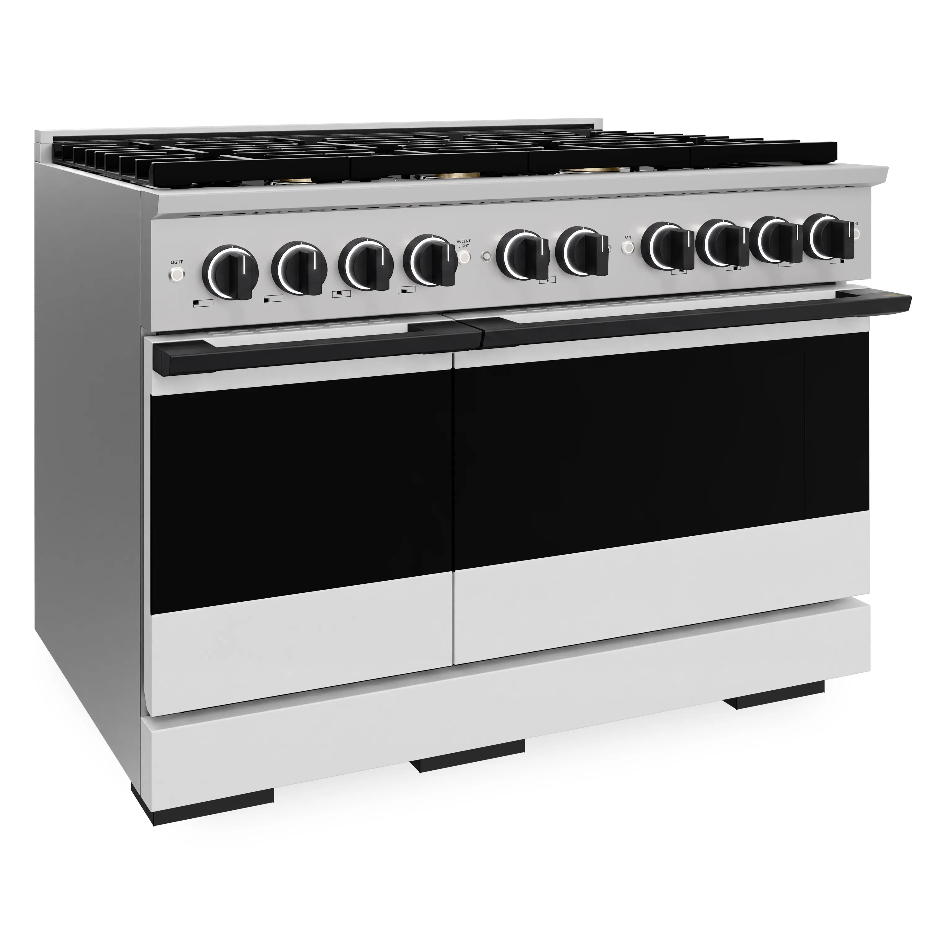48-inch gas range with stainless body, black cooktop grates, and white matte doors