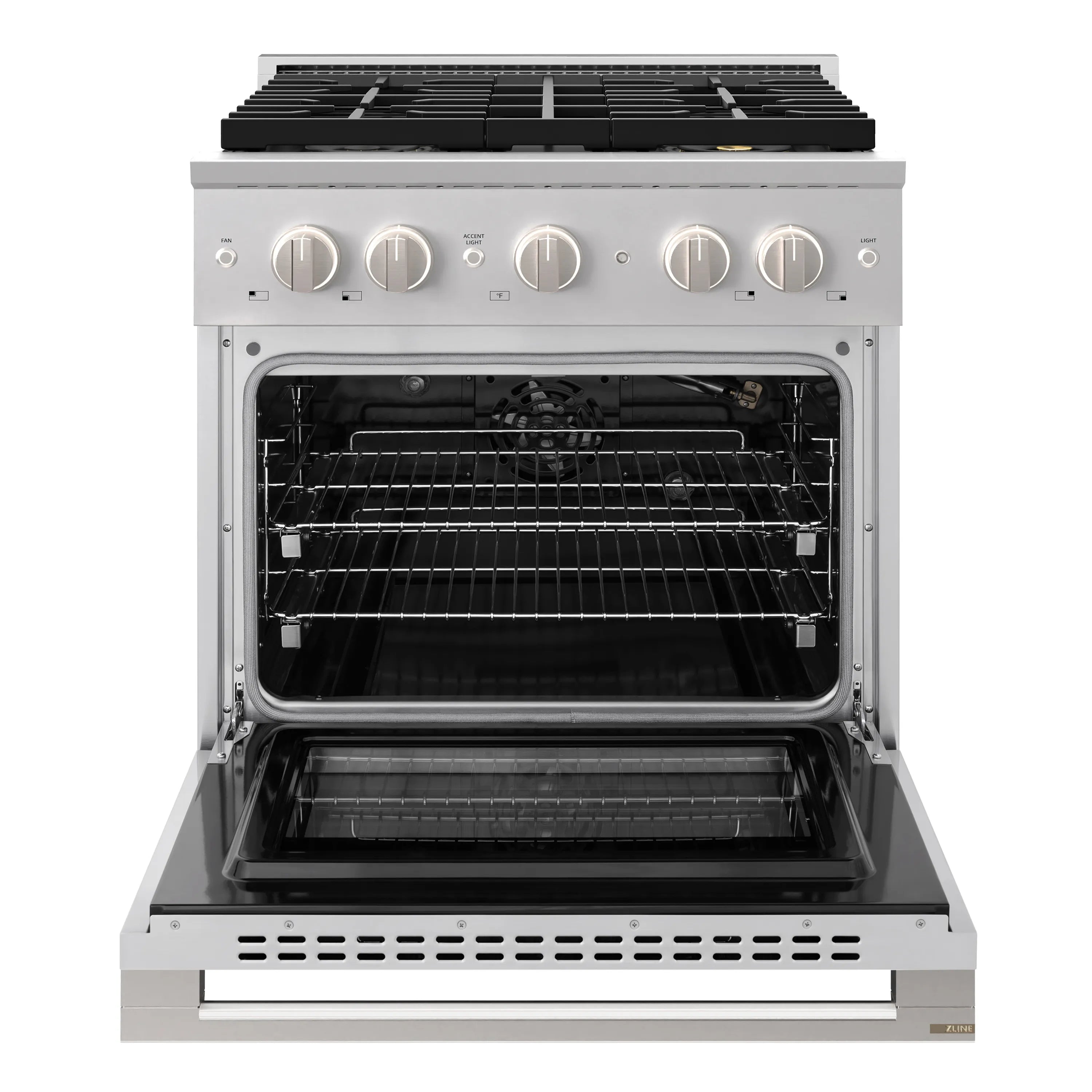 Open convection gas oven with two wire racks and interior cavity