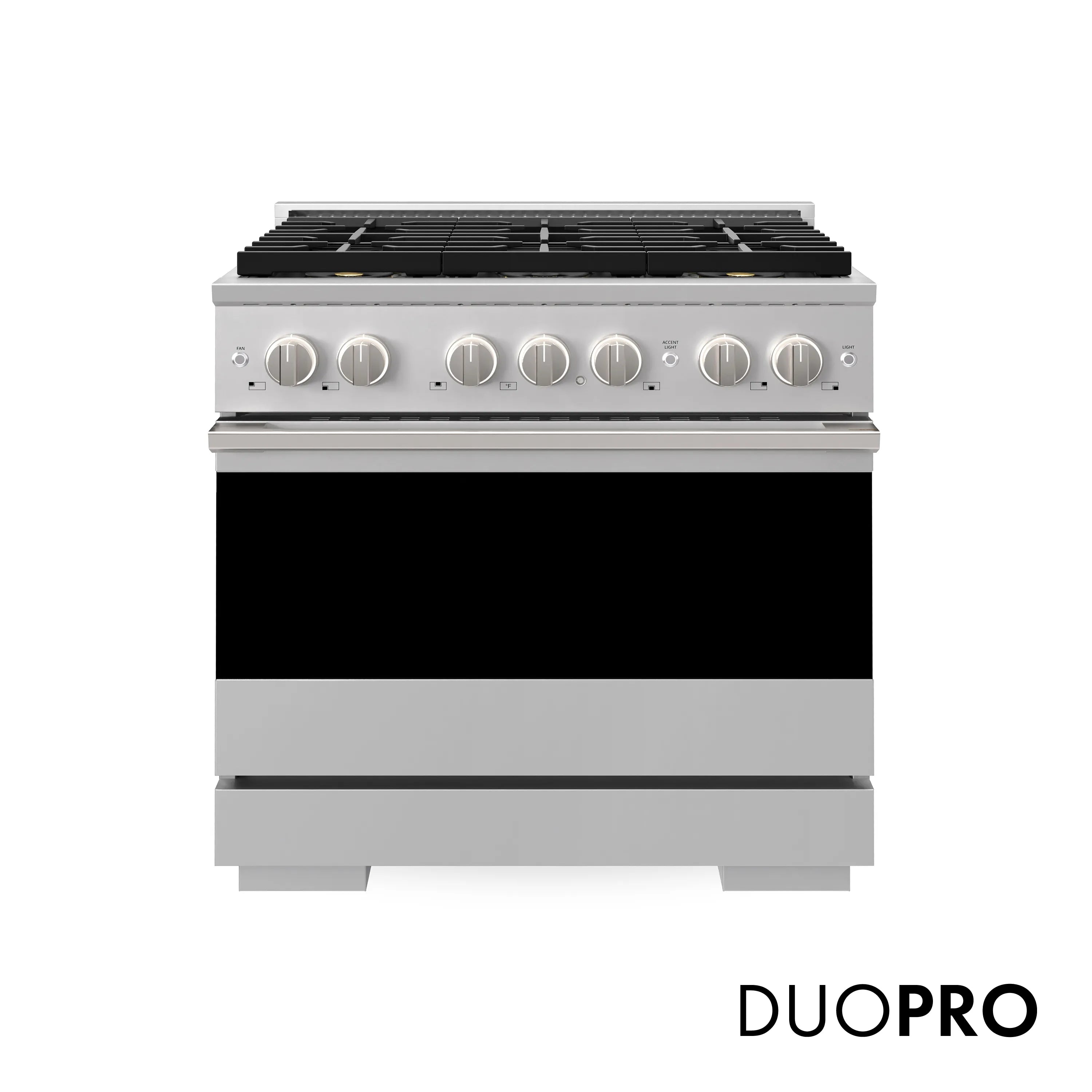 Stainless gas range front view with control knobs and burner grates