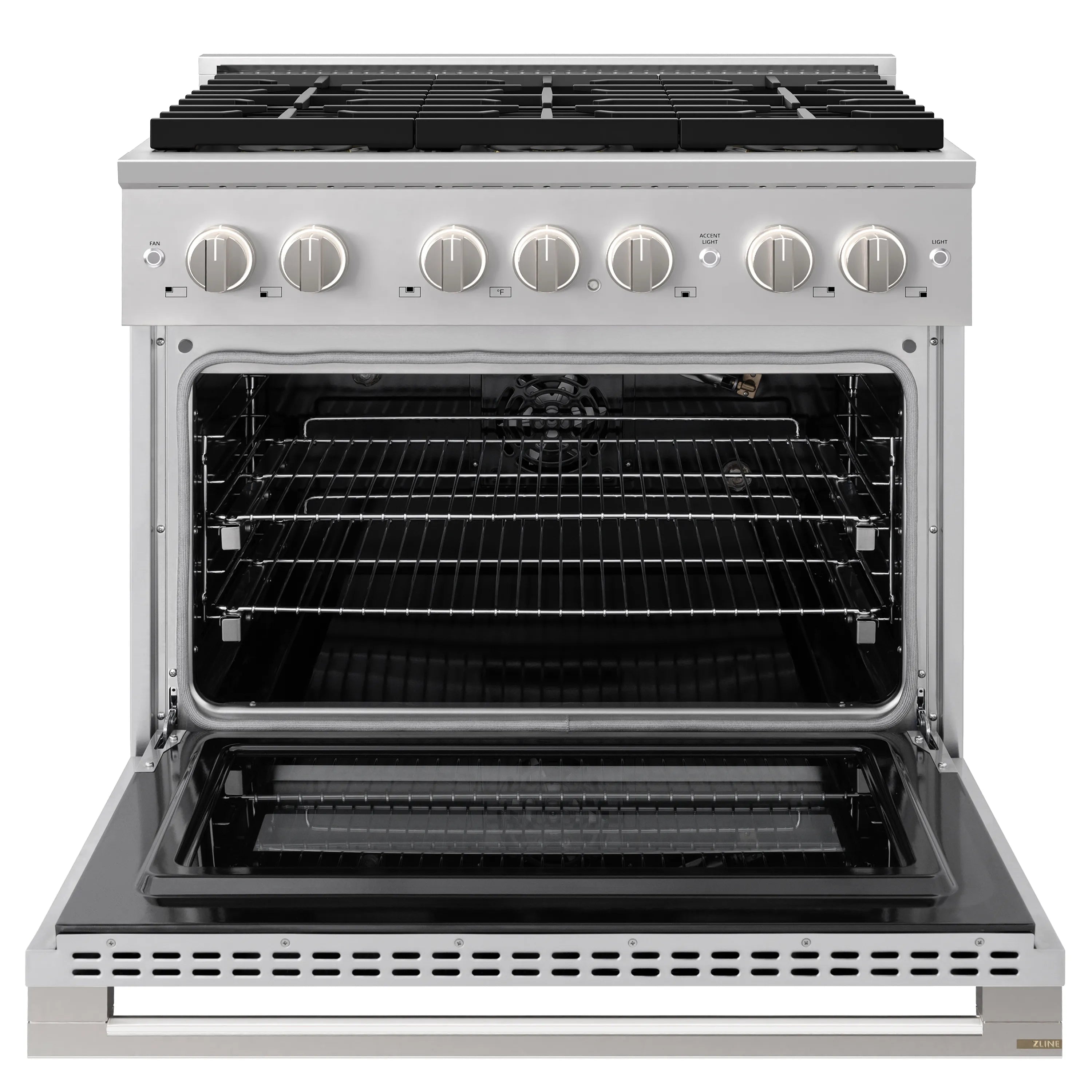Stainless gas range with oven door open and wire racks inside