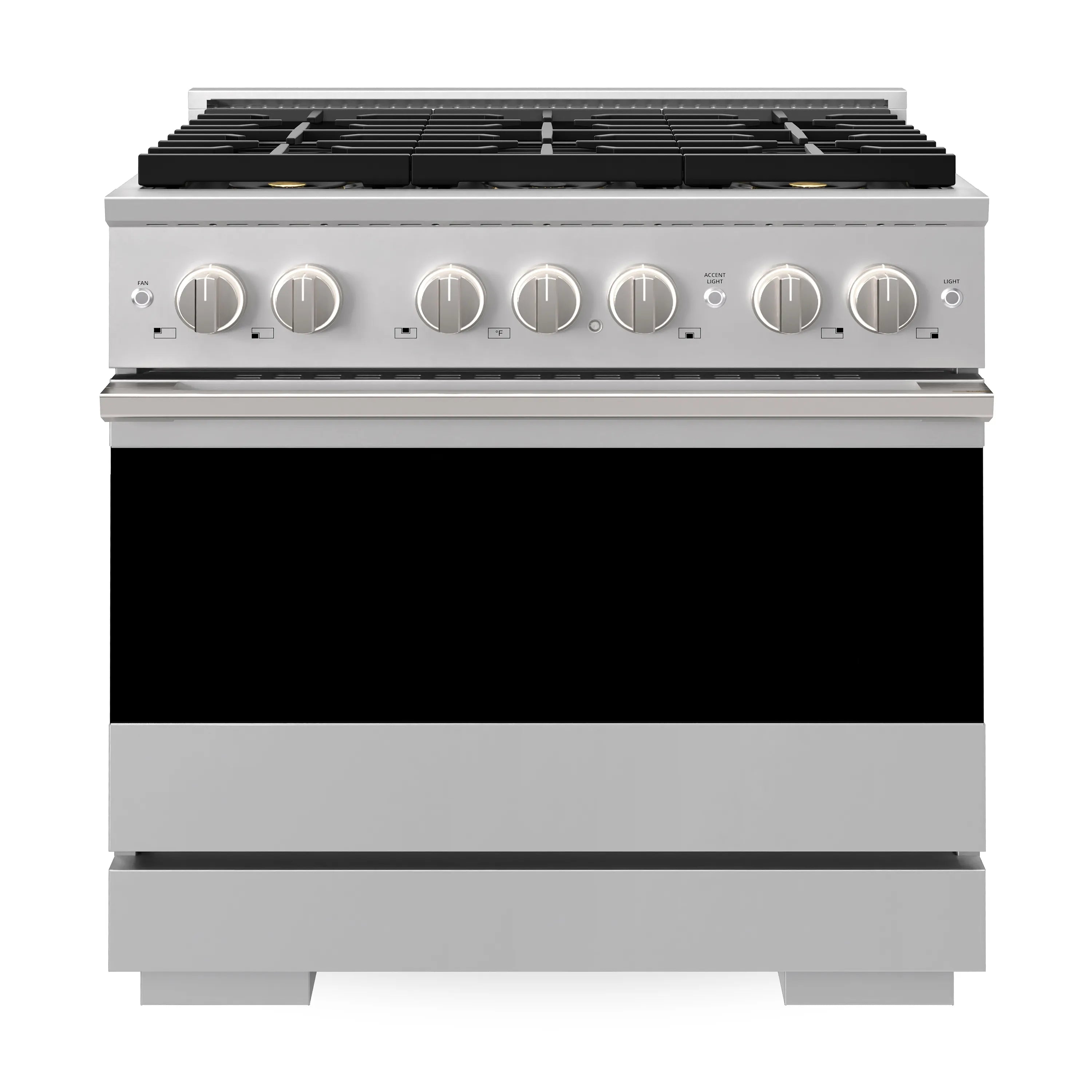 Stainless steel gas range with six burners, black grates, and control knobs on top.