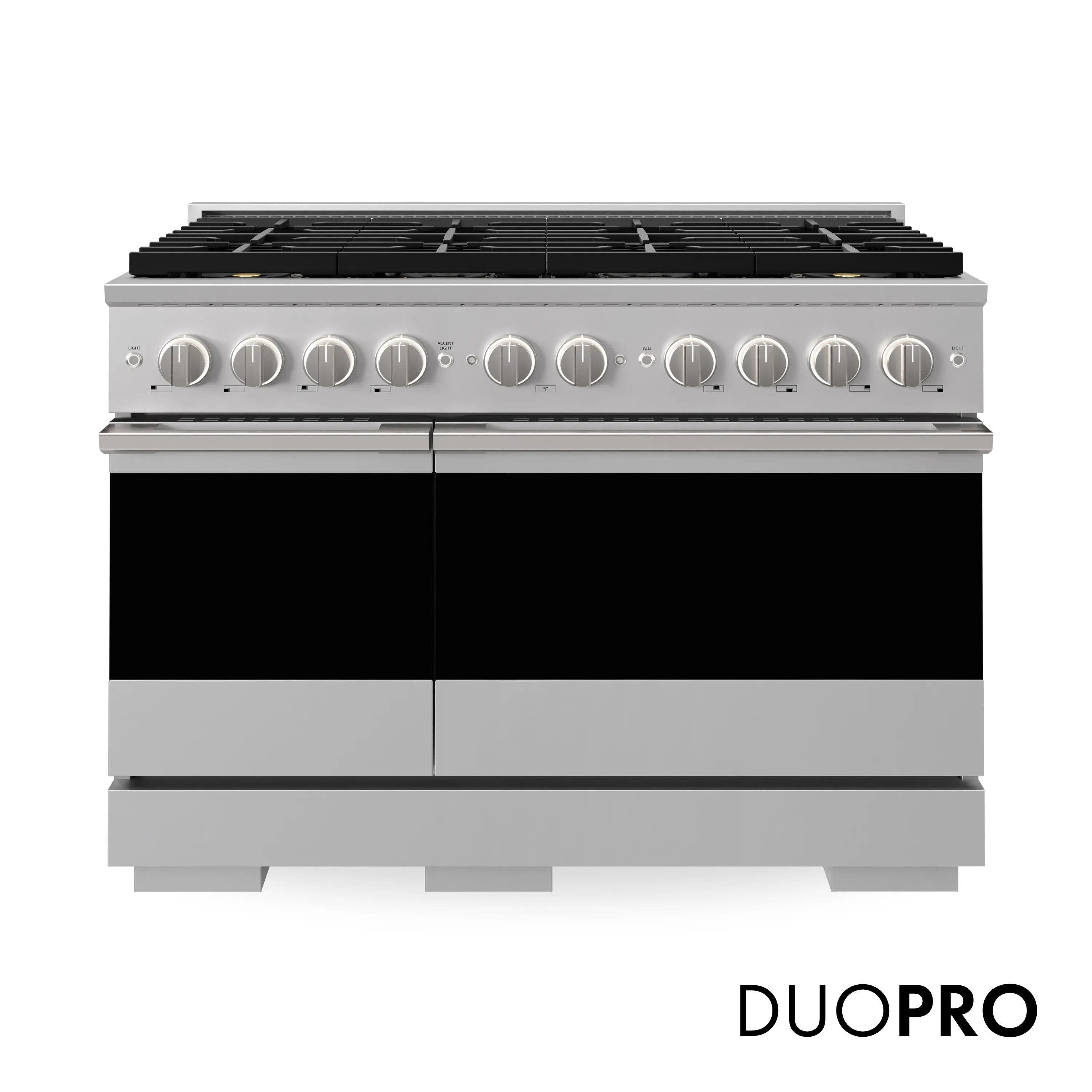 Stainless gas range with two oven doors and front control knobs, DUOPRO branding
