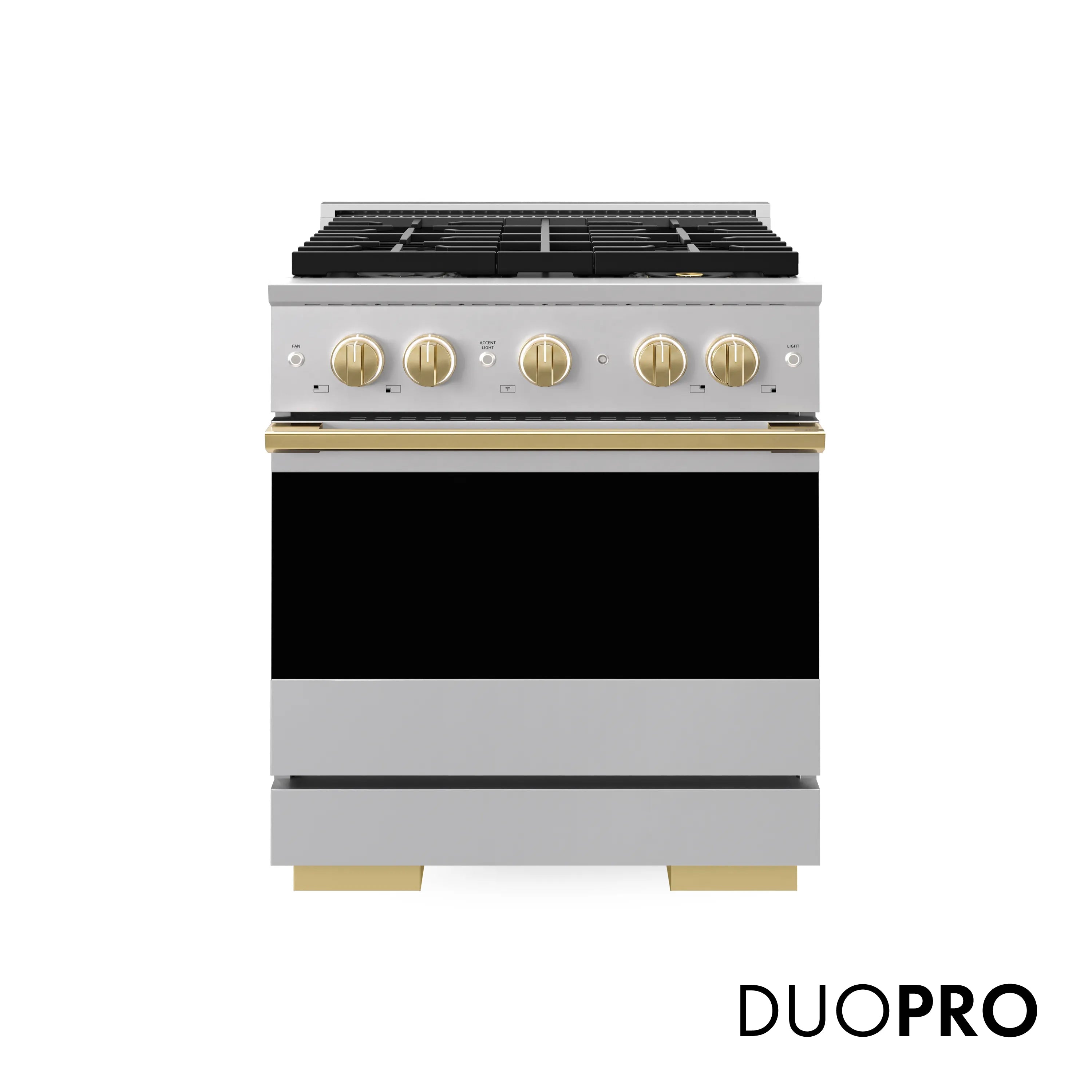 Gas range front with DUOPRO branding, polished gold knobs, and black oven door
