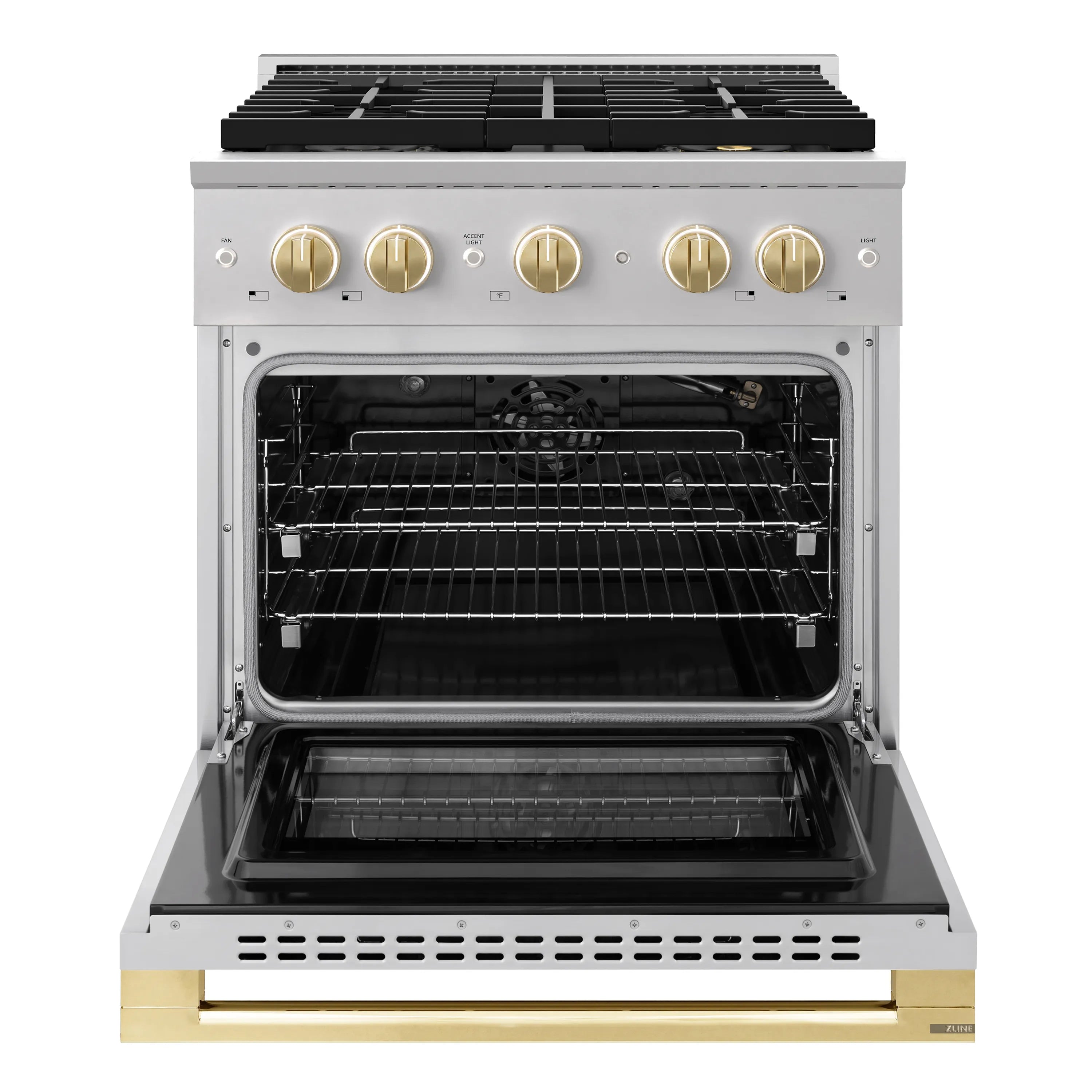 Stainless gas range with open convection oven and wire racks, polished gold controls
