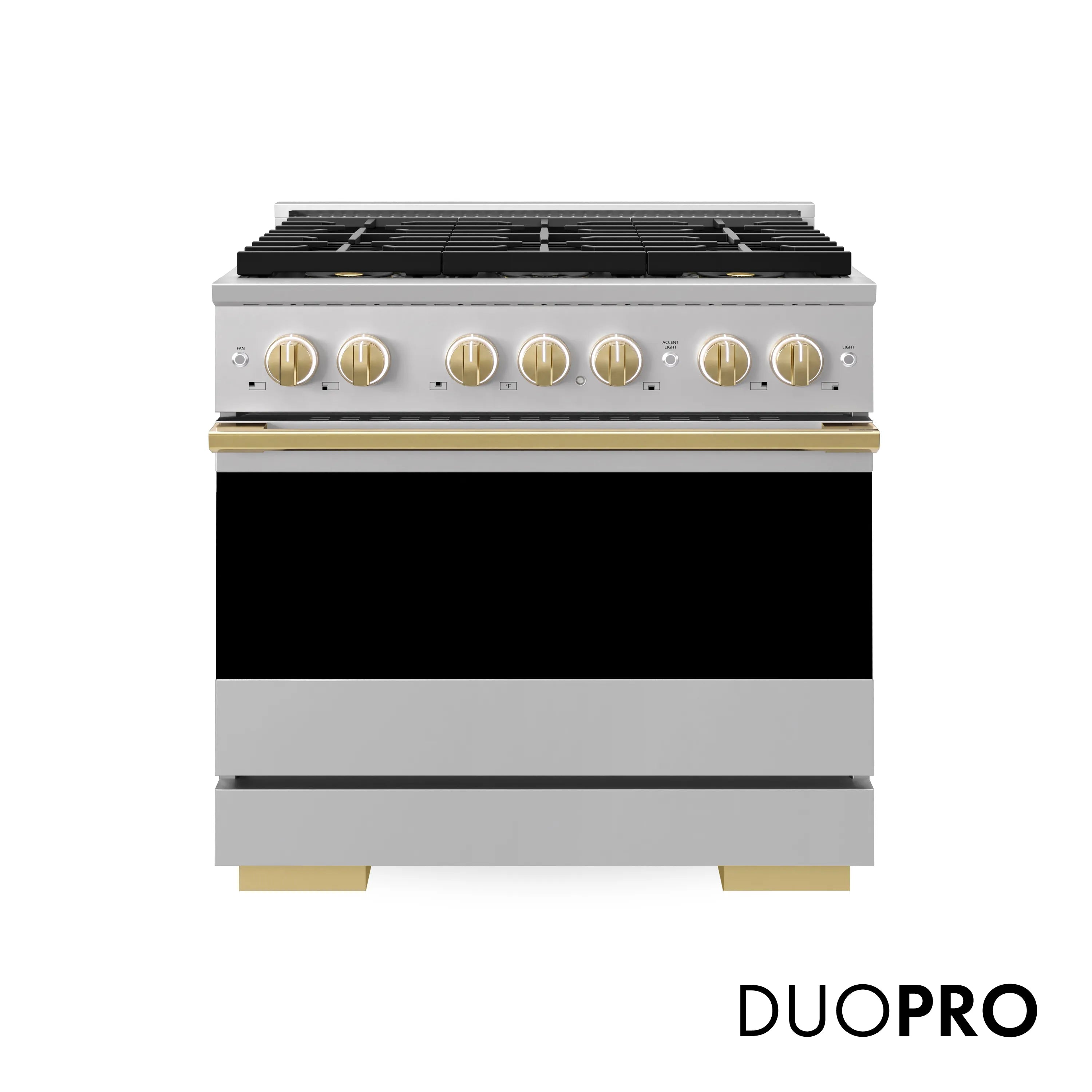 Stainless gas range with gold accents, black cooktop grates, and DUOPRO branding