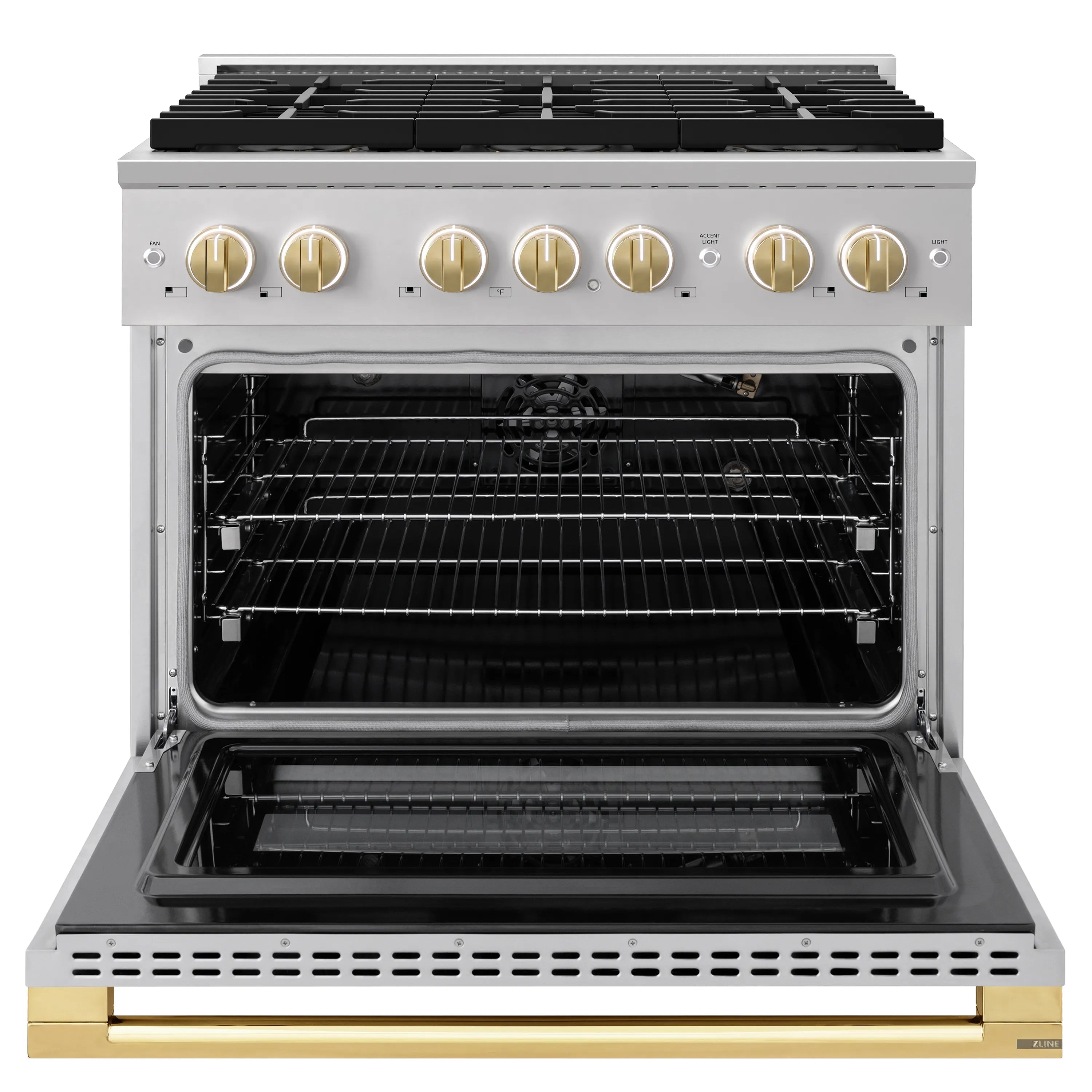 Stainless convection gas oven with door open, racks inside, and black heating elements