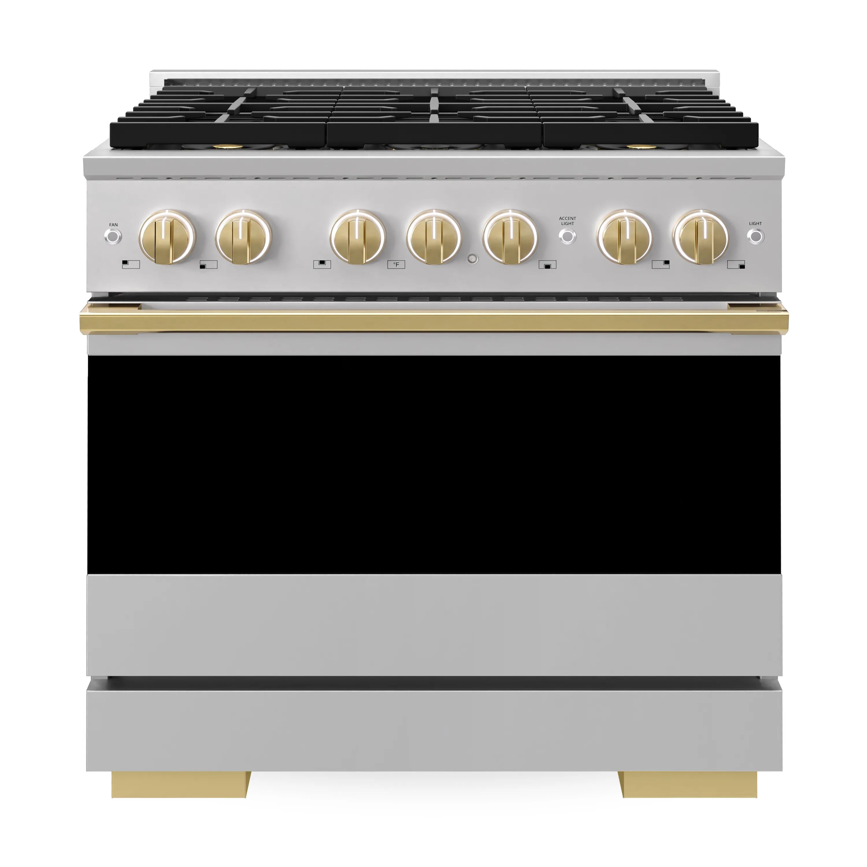 Stainless gas range with gold control knobs, black cooktop grates, and oven door